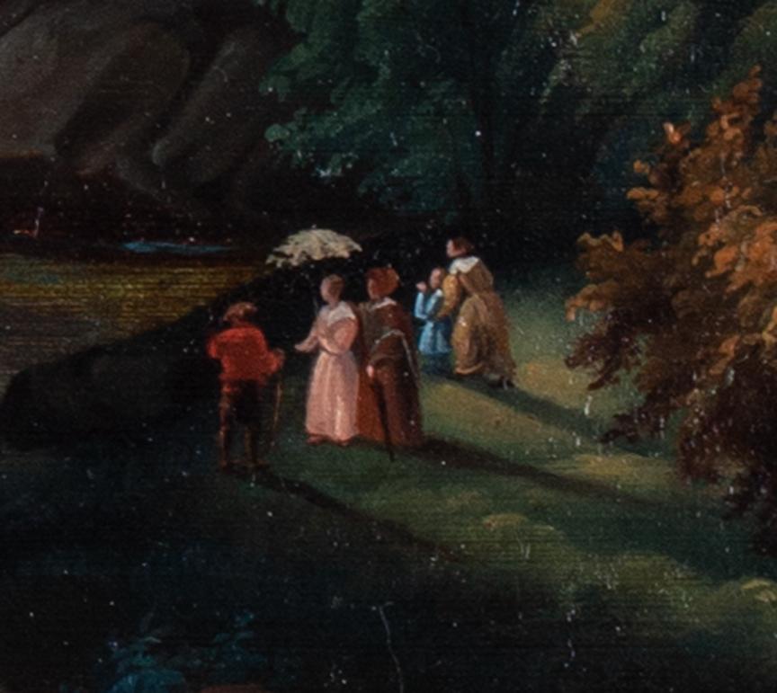Peinture allemande du 19e C. représentant des personnages près d'une chute d'eau à la manière de Friedrich - Painting de Unknown