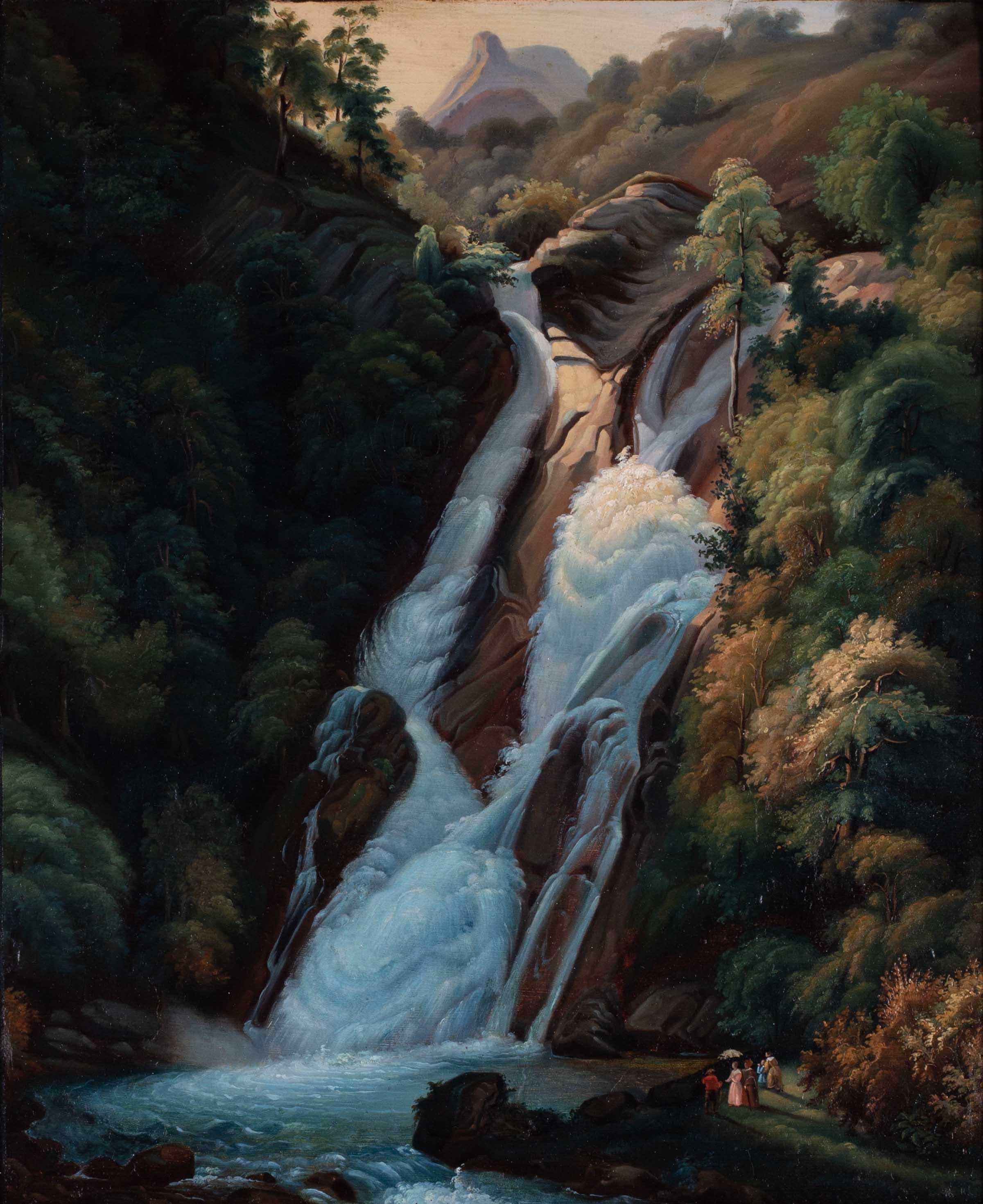 Peinture allemande du 19e C. représentant des personnages près d'une chute d'eau à la manière de Friedrich - Académique Painting par Unknown
