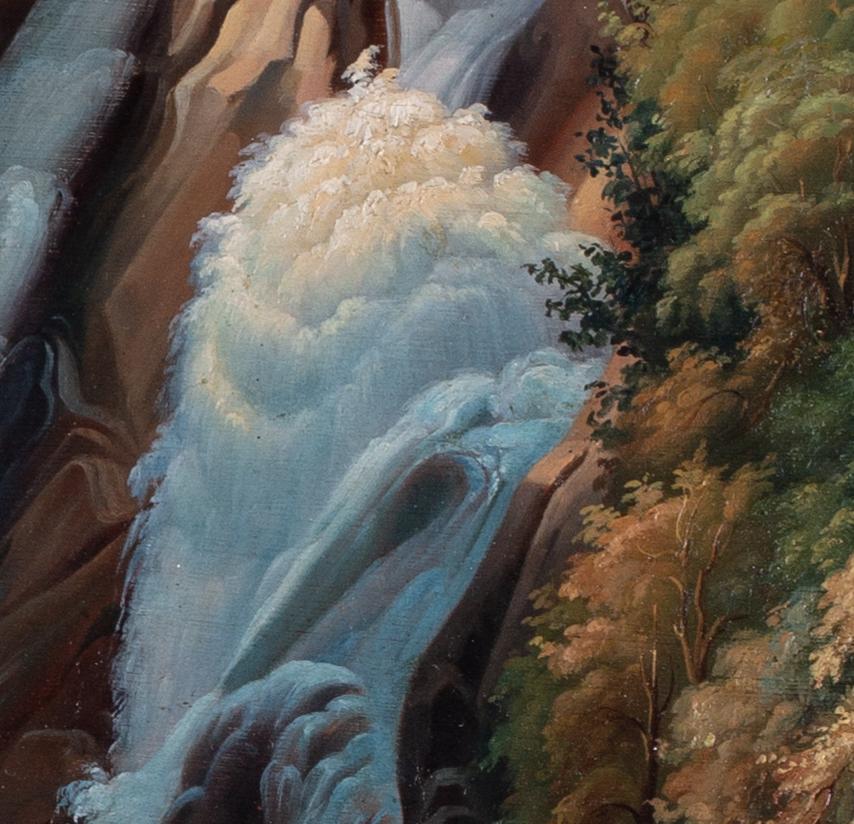 Peinture allemande du 19e C. représentant des personnages près d'une chute d'eau à la manière de Friedrich - Noir Figurative Painting par Unknown