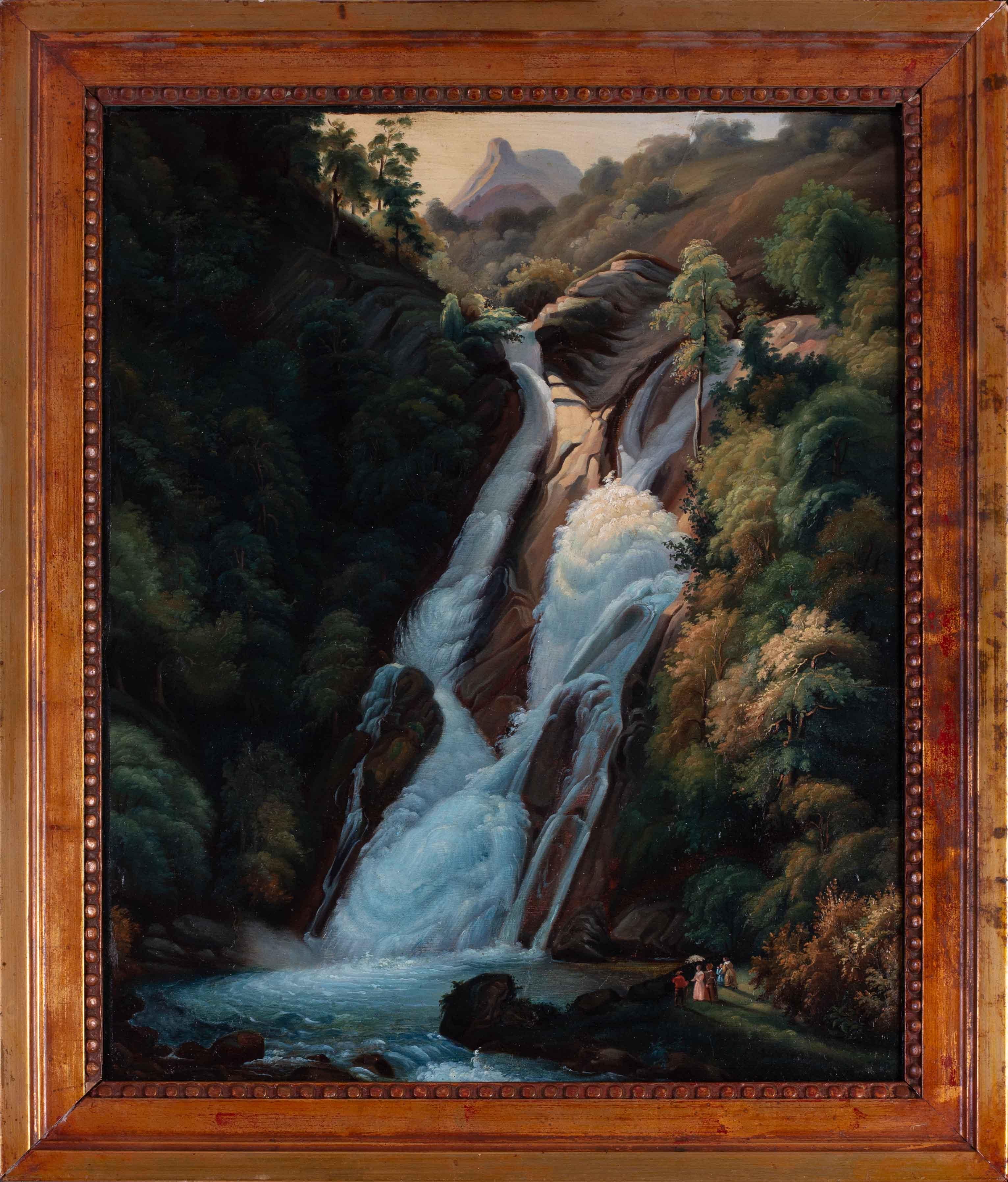 Unknown Figurative Painting – Deutsches Gemälde aus dem 19. Jh. mit Figuren an einem Wasserfall in der Art von Friedrich