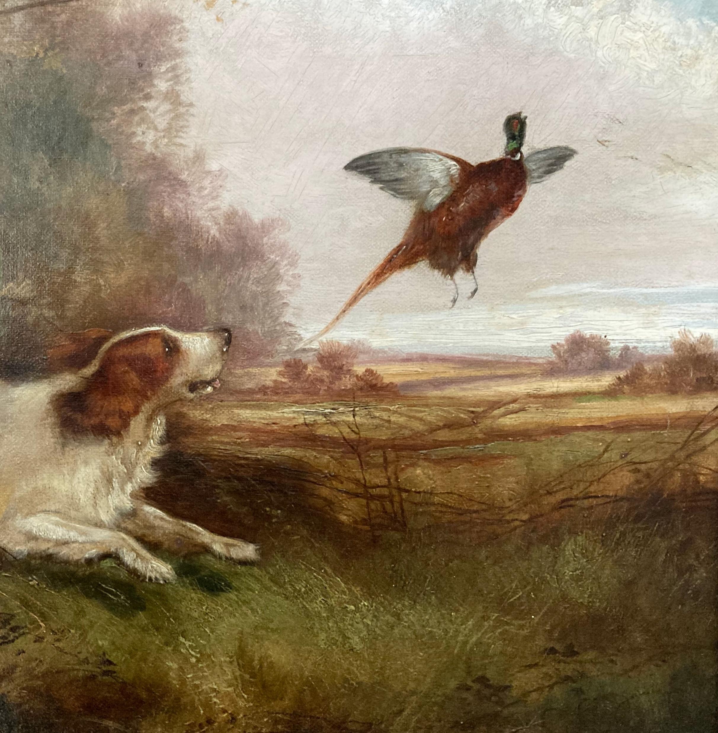 19th-C. Hunting Scene with Dog and Pheasant - Painting by Unknown