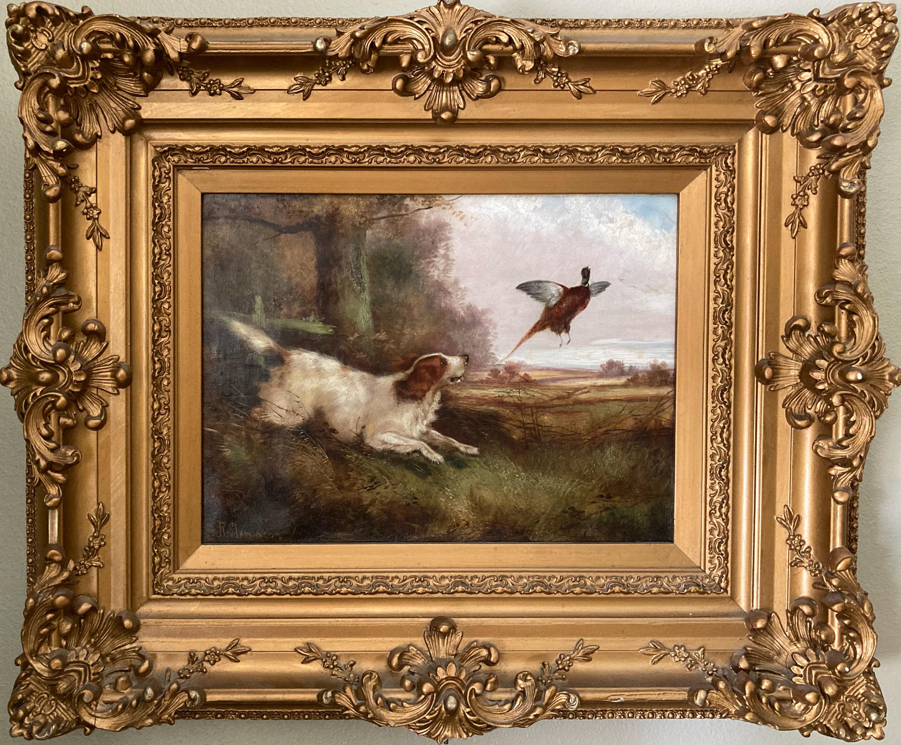 Unknown Animal Painting - 19th-C. Hunting Scene with Dog and Pheasant