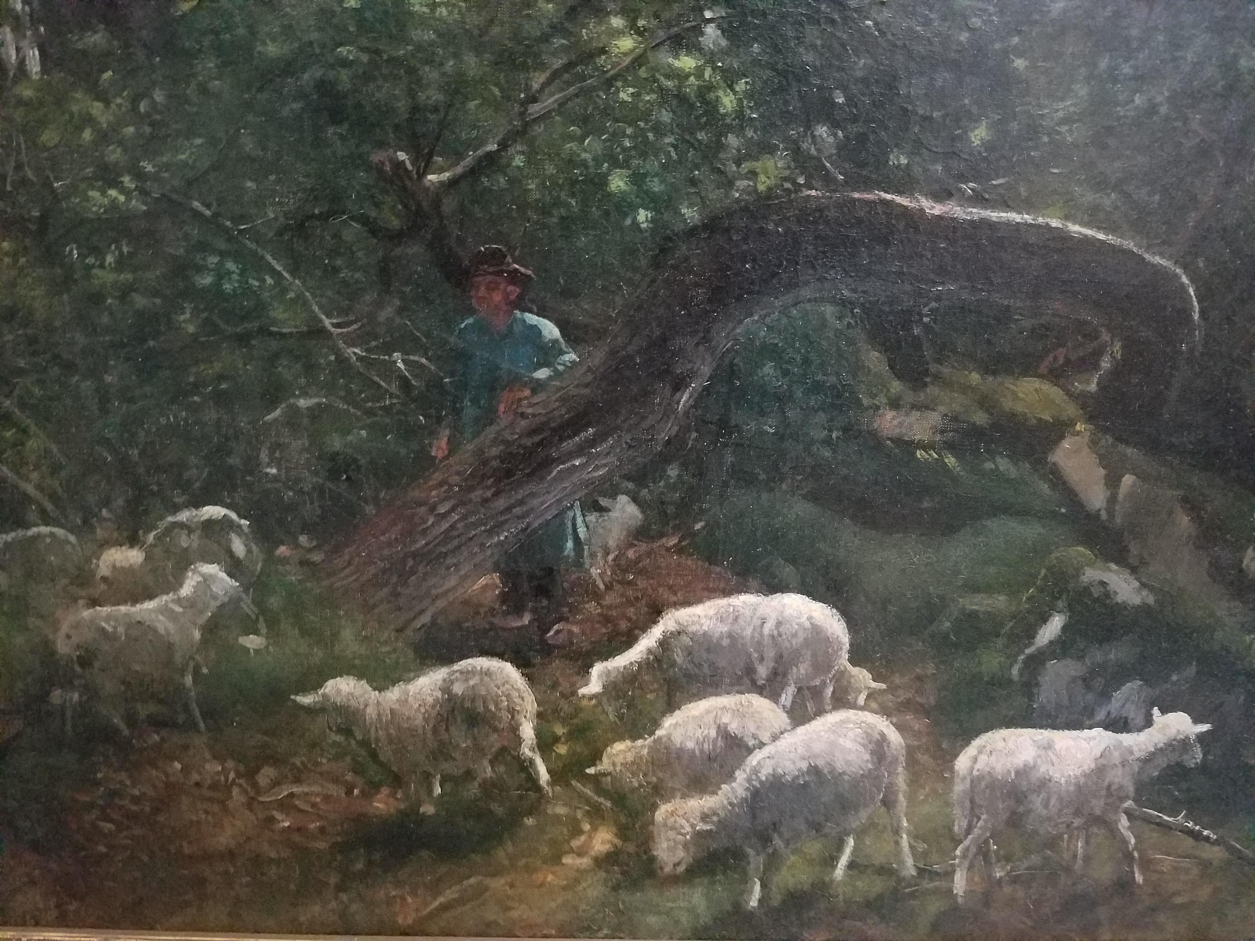 Paisaje del siglo XIX con pastor y rebaño de ovejas, por artista misterioso - Landscape Painting Gris de Unknown
