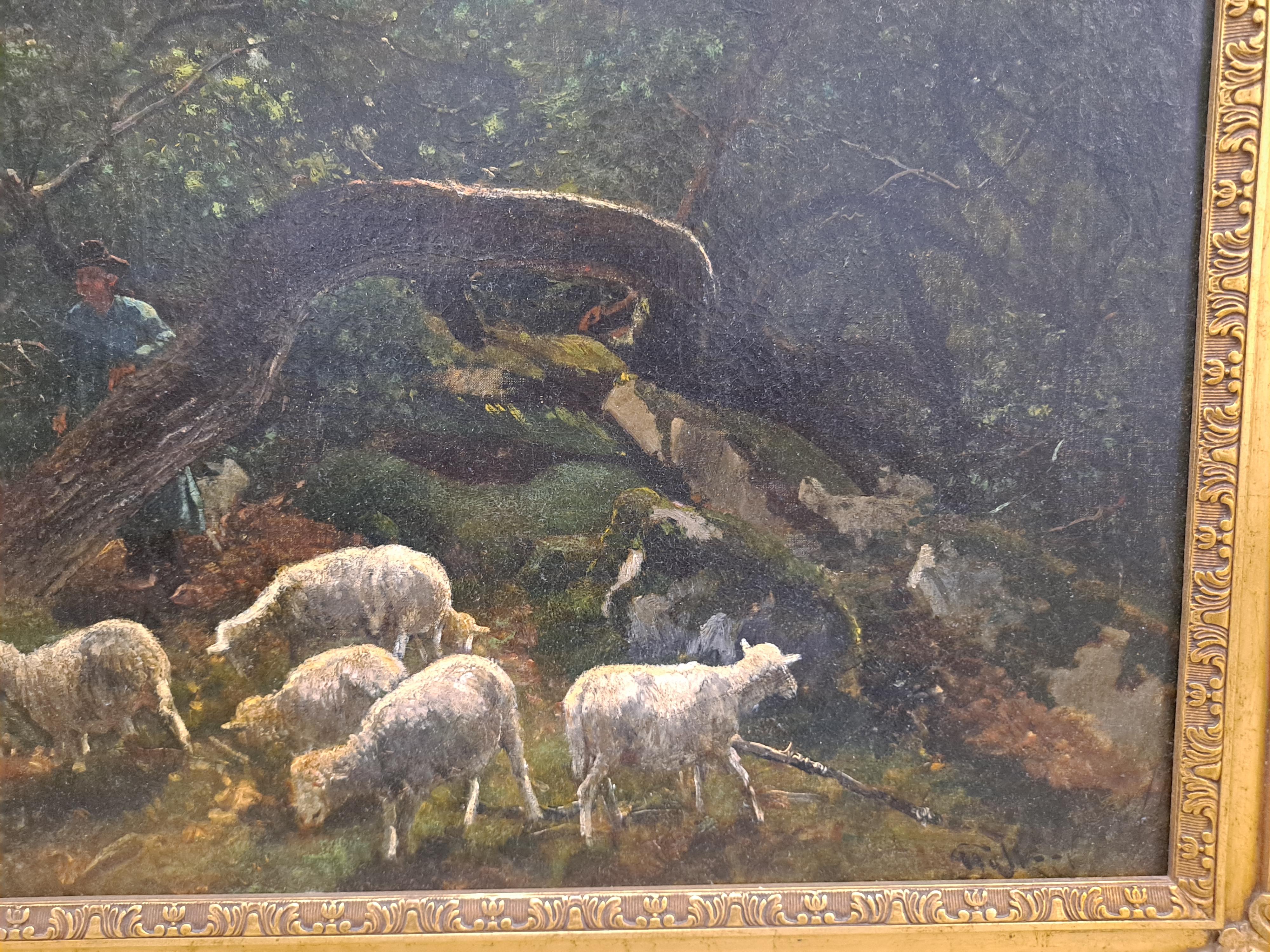Paisaje del siglo XIX con pastor y rebaño de ovejas, por artista misterioso en venta 4