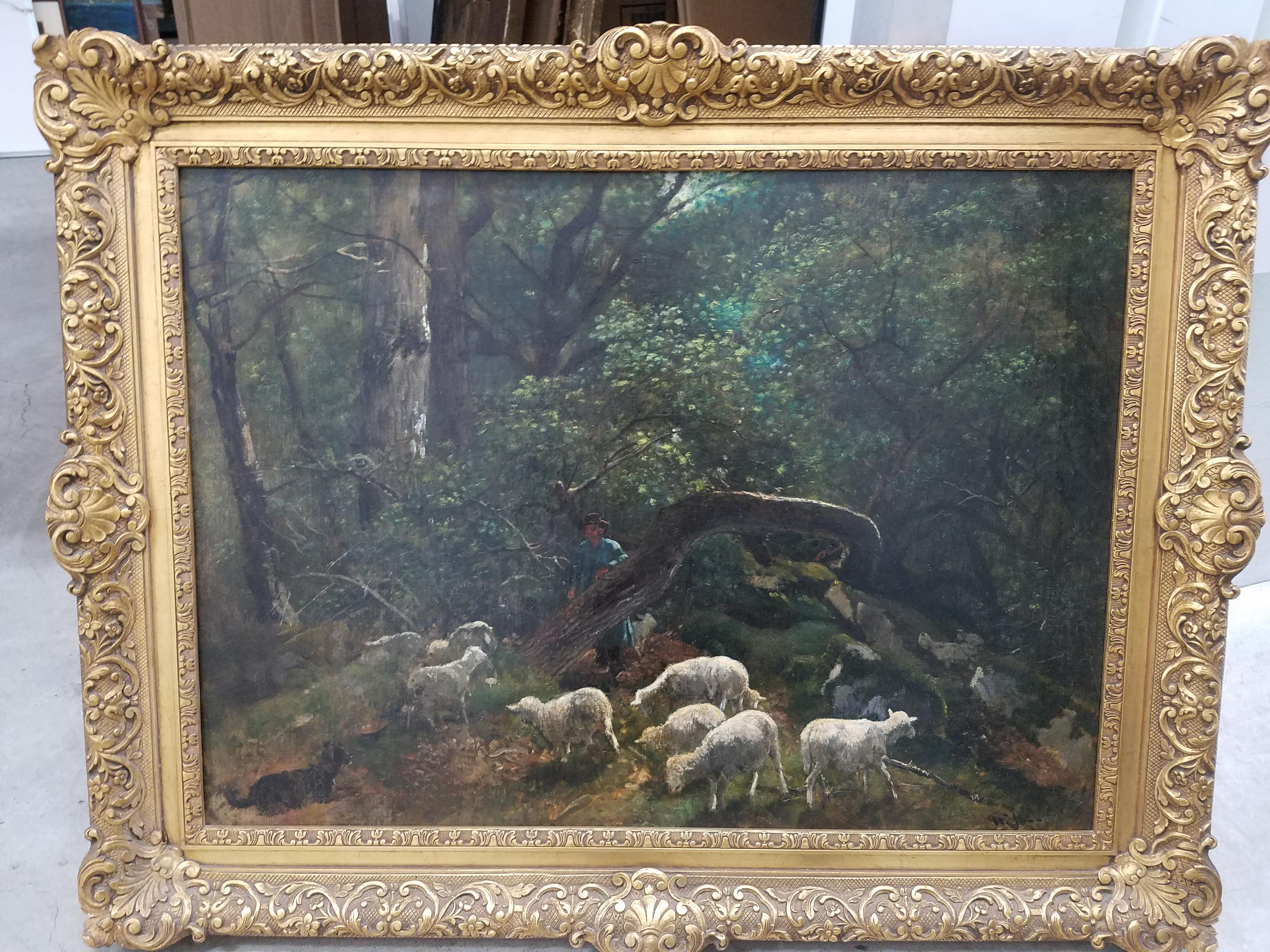 Landscape Painting de Unknown - Paisaje del siglo XIX con pastor y rebaño de ovejas, por artista misterioso