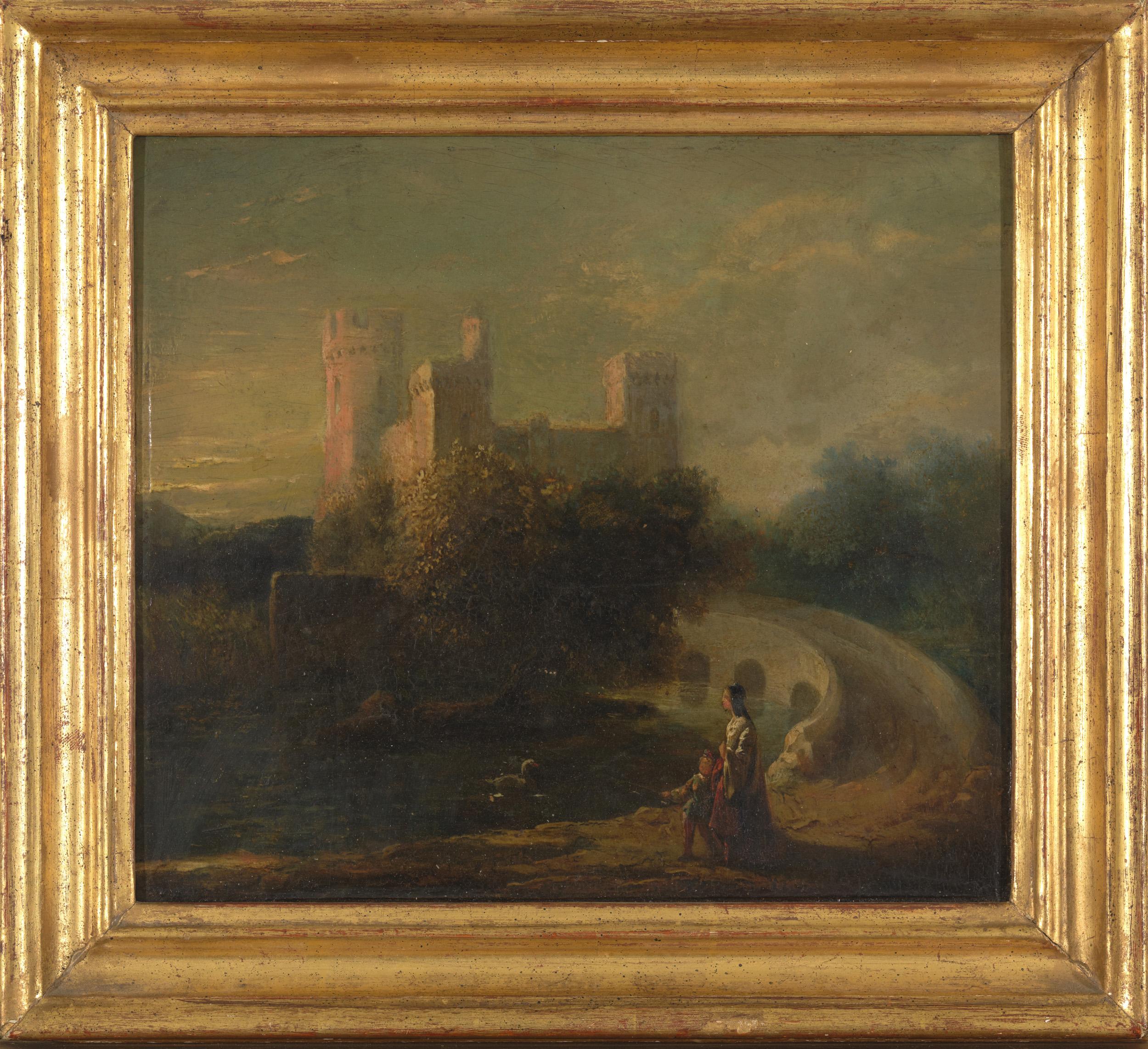 19th C, Romanticism, English School, Romantic Landscape with strolling Mother 
