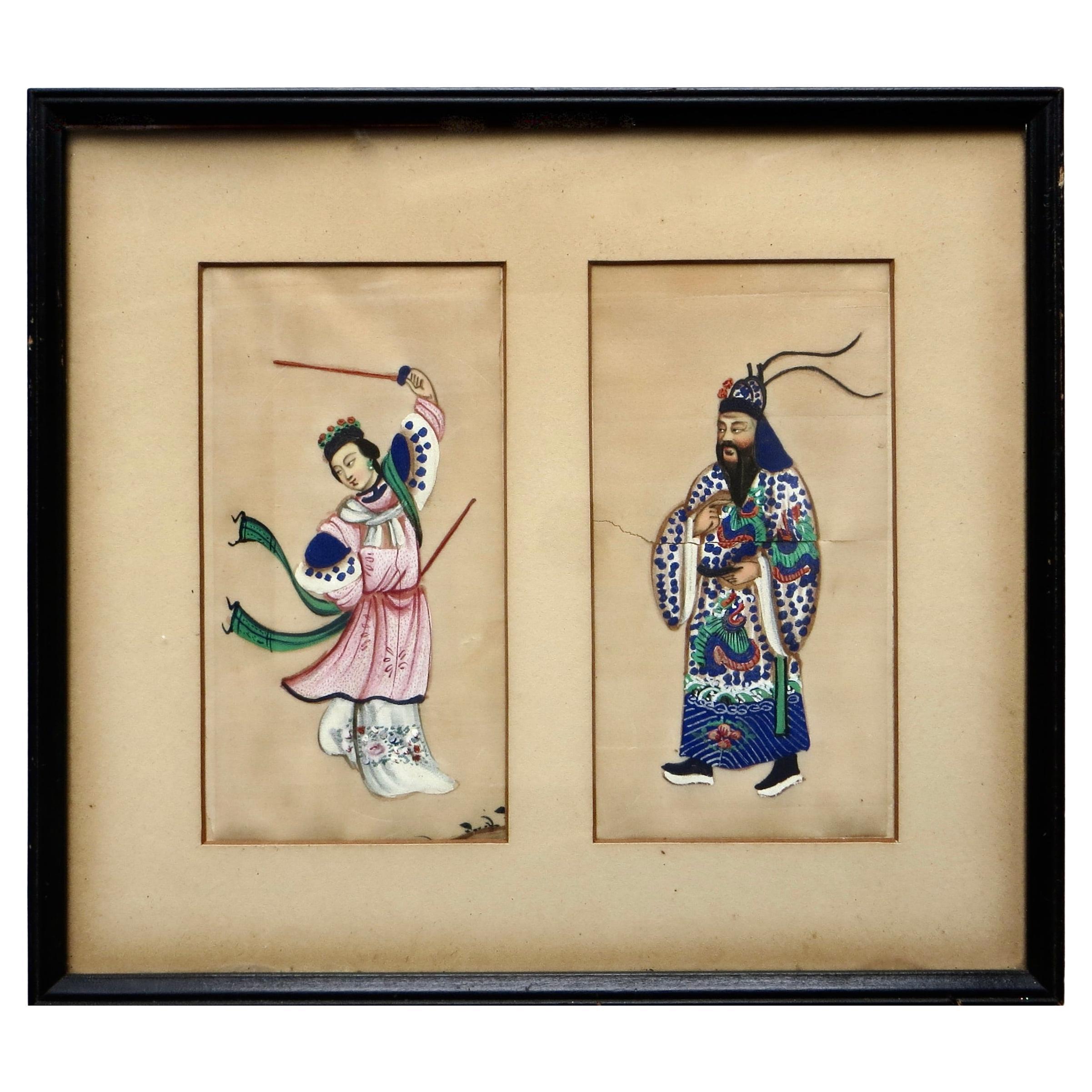 19th C Royal Couple; Pair Chinese Pith Paintings Qing Dynasty. China, Circa 1855