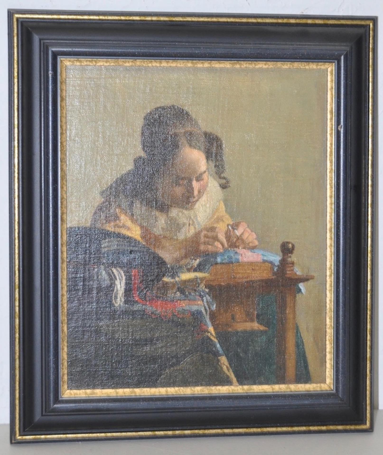 Unknown Figurative Painting - 19th c. "The Lacemaker" Oil on Board after Vermeer Copied by F. Carl Smith 1898