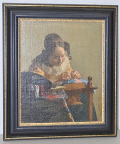 19th c. "The Lacemaker" Oil on Board after Vermeer Copied by F. Carl Smith 1898