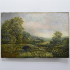 19th C Victorian Romantic Summer Landscape Old River Bridge Oil Canvas Signed