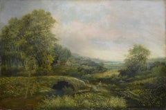 19th C Victorian Romantic Summer Landscape Old River Bridge Oil Canvas Signed