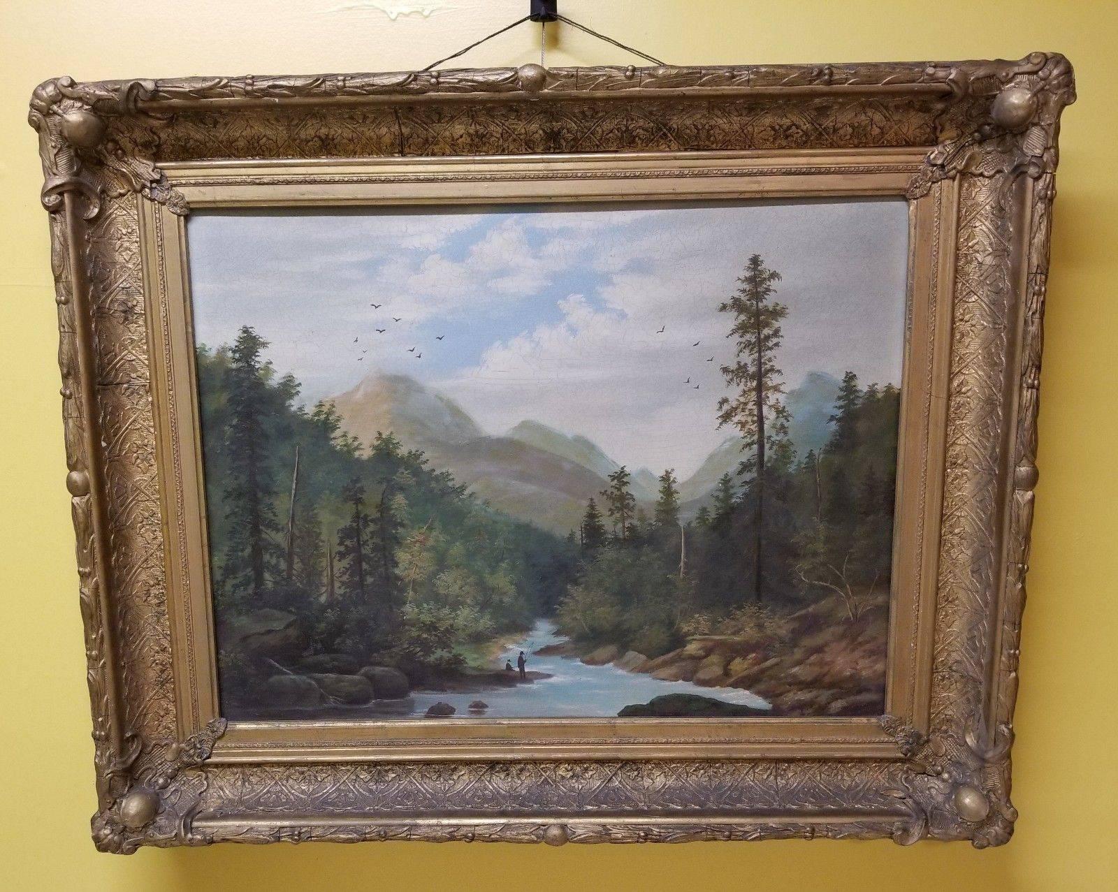 The painting is unsigned.

This is a beautiful estate found landscape of the Hudson River School from the 19th century period. This early American work shows all the wonderful elements used by the artist highlighting the grandeur of the mountains