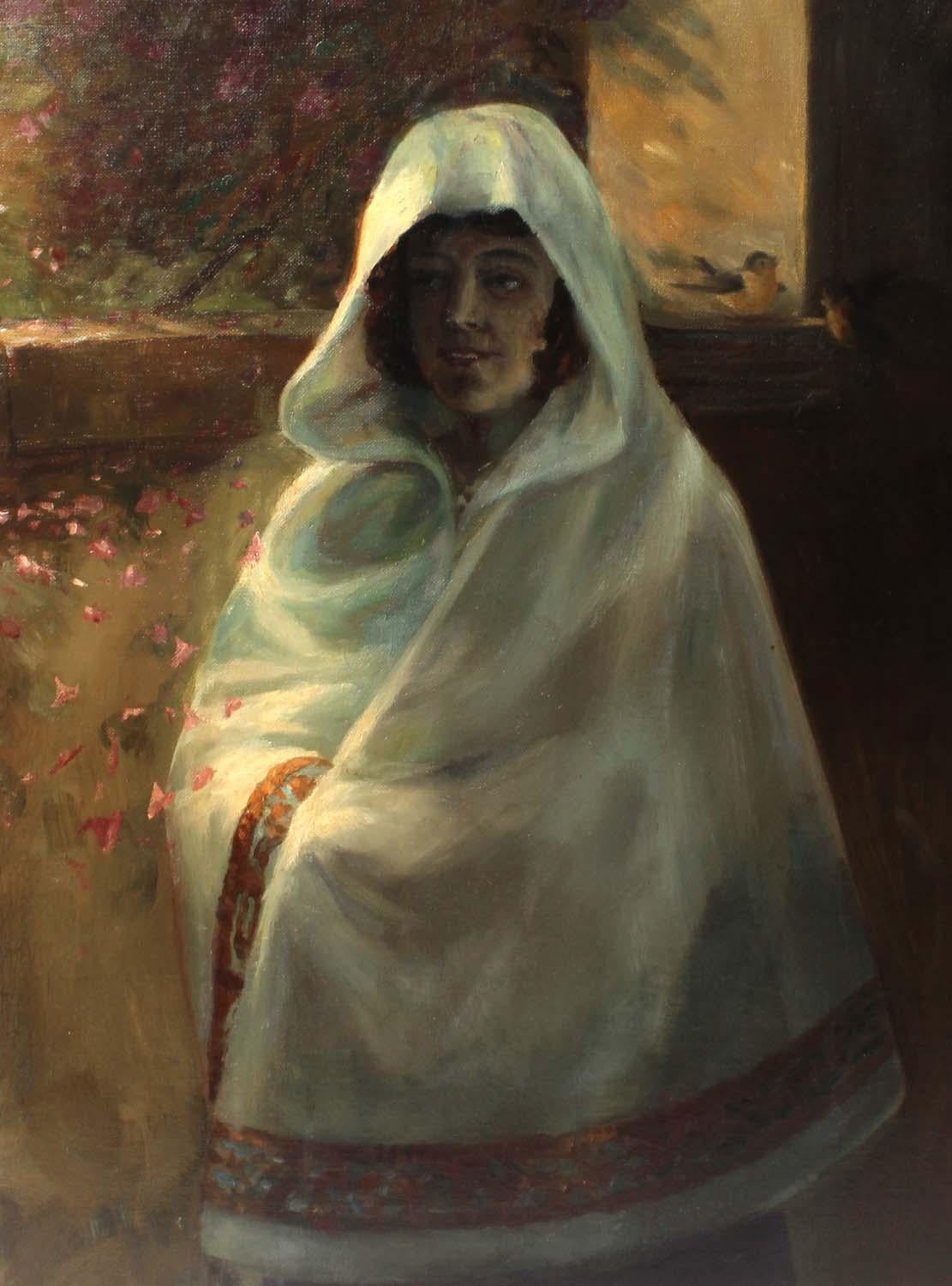 Unknown Portrait Painting - 19th Century American Portrait of a Woman with Cloak and Birds