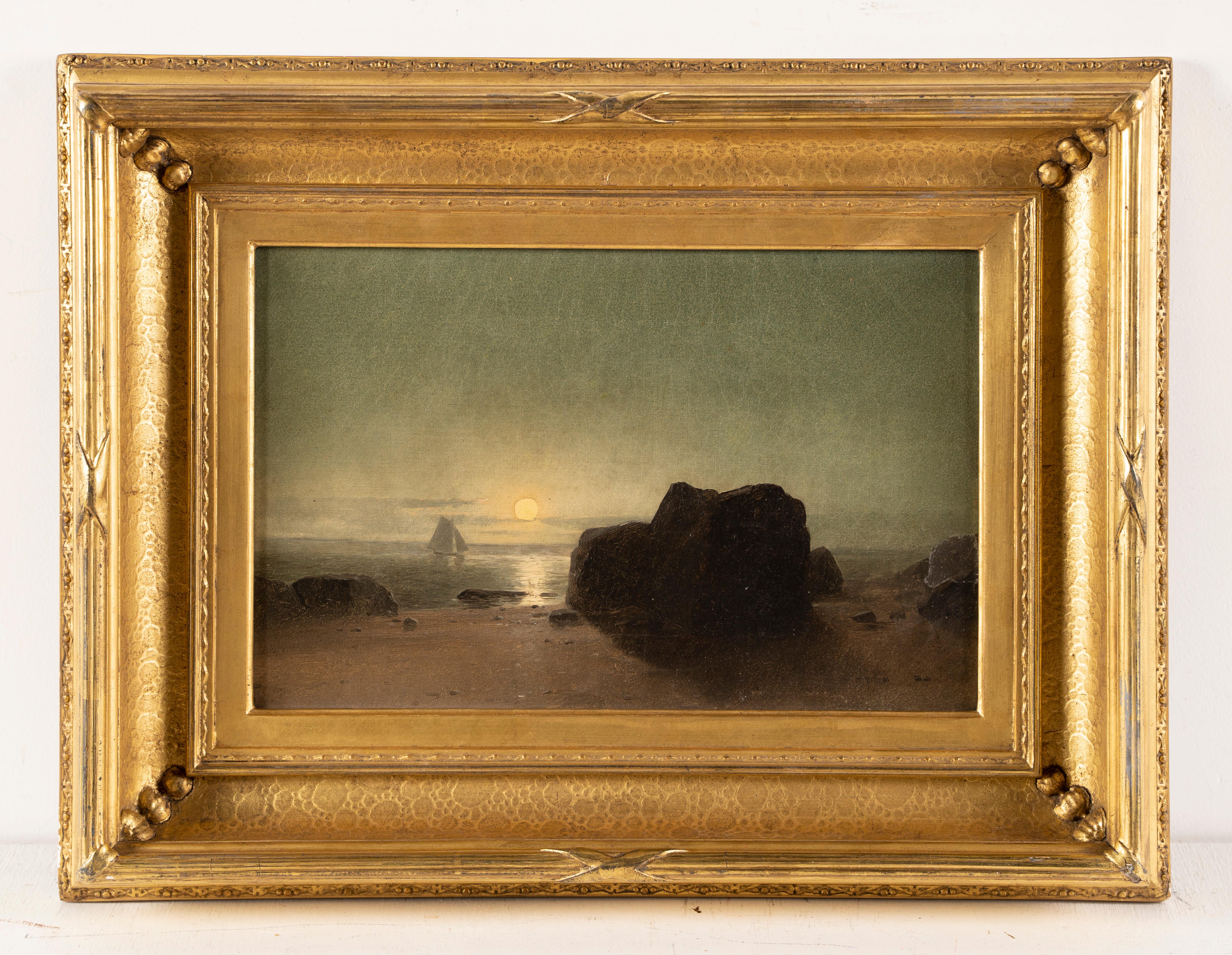 19th Century American School Moonlight Coastal New England Seascape Oil Painting - Brown Landscape Painting by Unknown