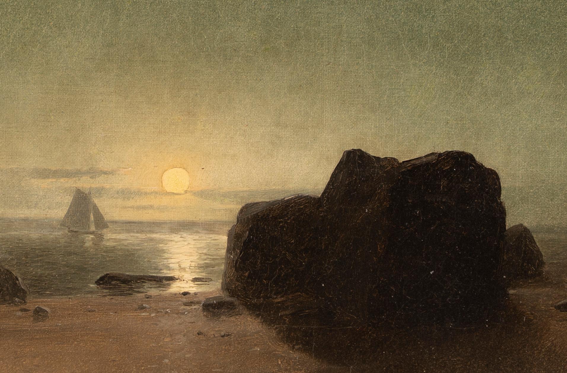 19th Century American School Moonlight Coastal New England Seascape Oil Painting 1