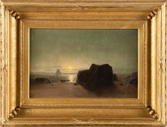 19th Century American School Moonlight Coastal New England Seascape Oil Painting