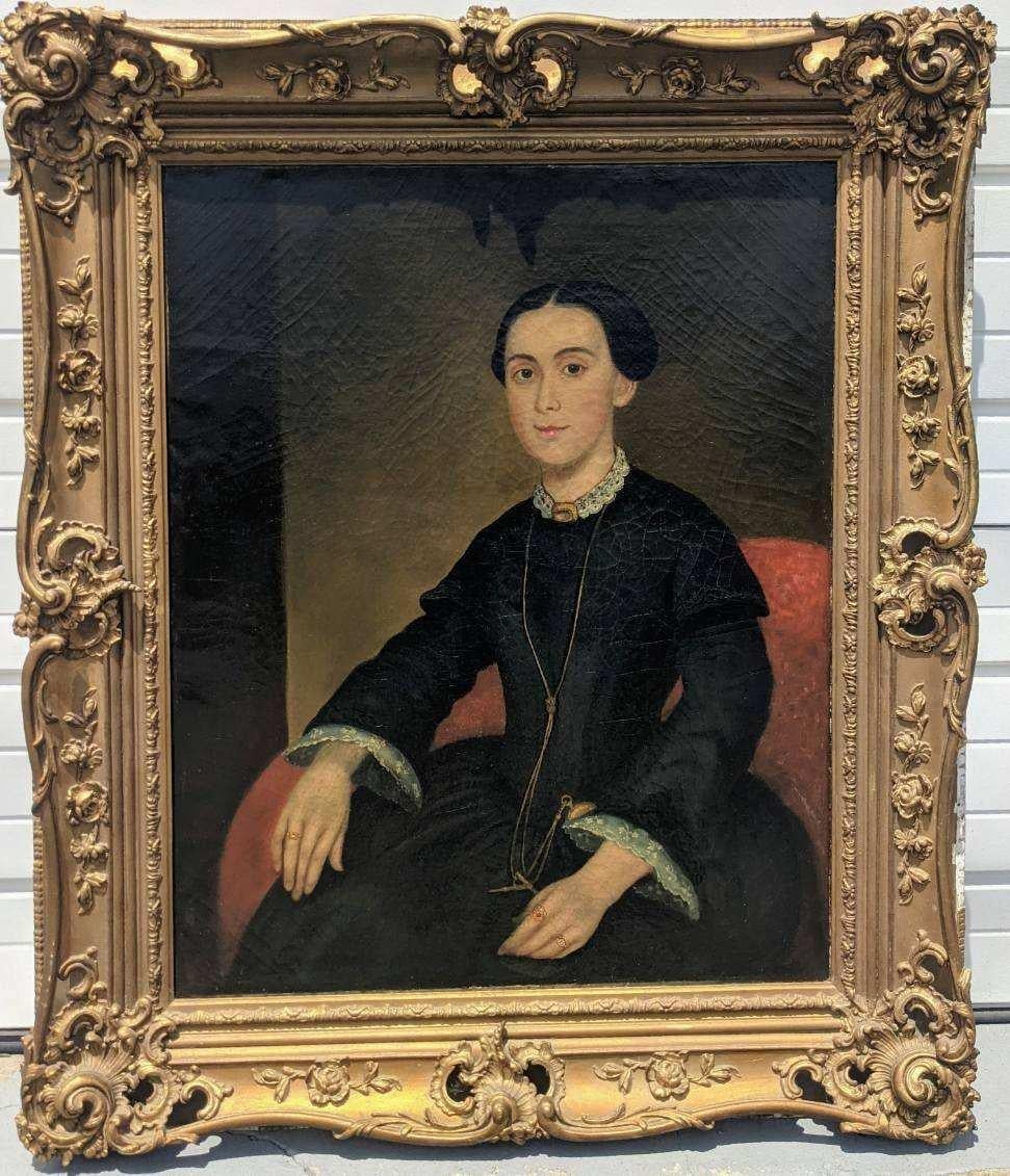 19th Century American School Portrait of a Lady in Black Dress Sitting on Chair - Painting by Unknown