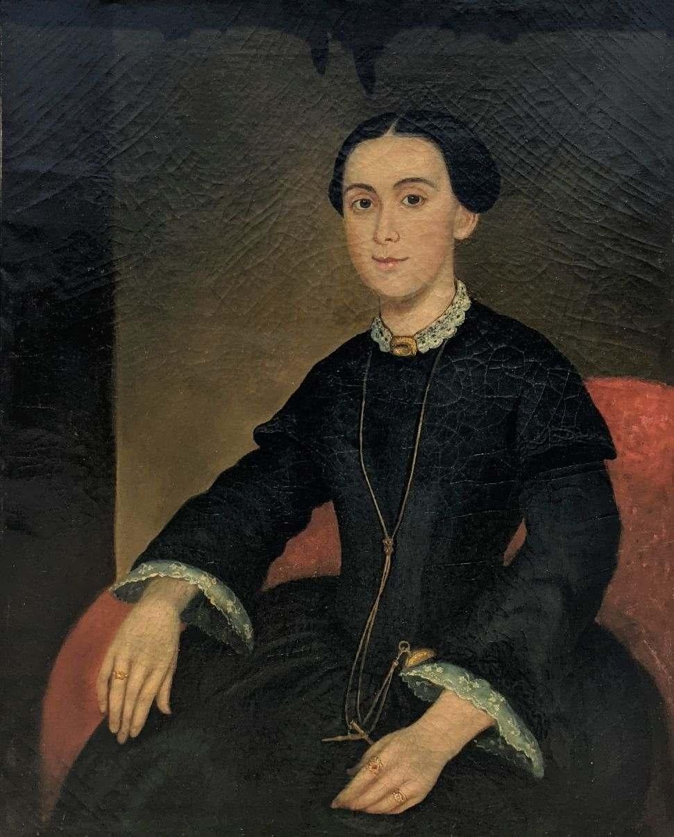 19th Century American School Portrait of a Lady in Black Dress Sitting on Chair