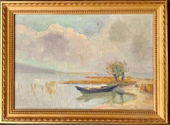 19th century antique impressionist style painting - Lake Geneva - Landscape Lake