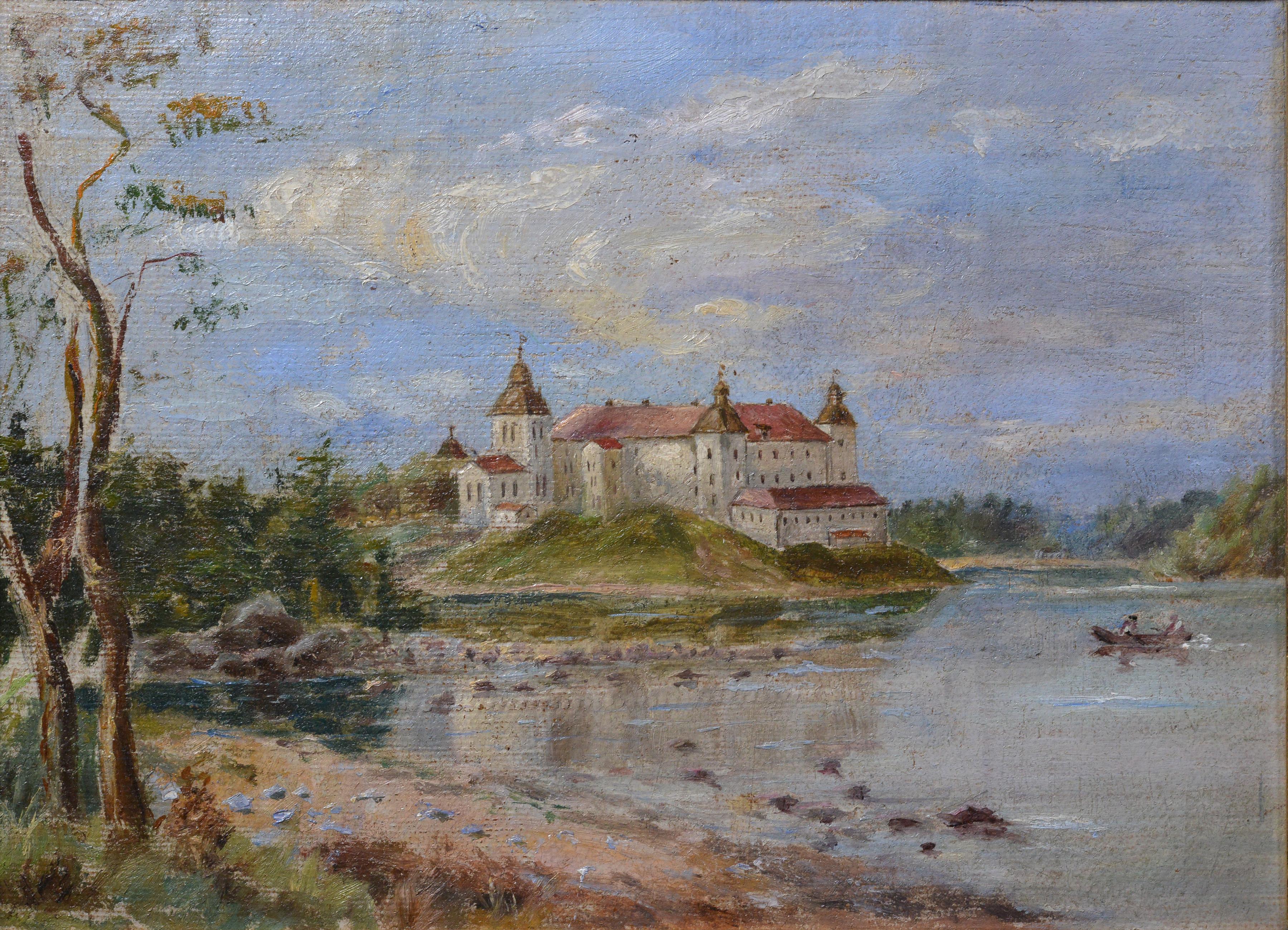 19. Jahrhundert Antike Ölgemälde Schloss auf Hügel See Bootsfiguren Vergoldeter Rahmen – Painting von Unknown