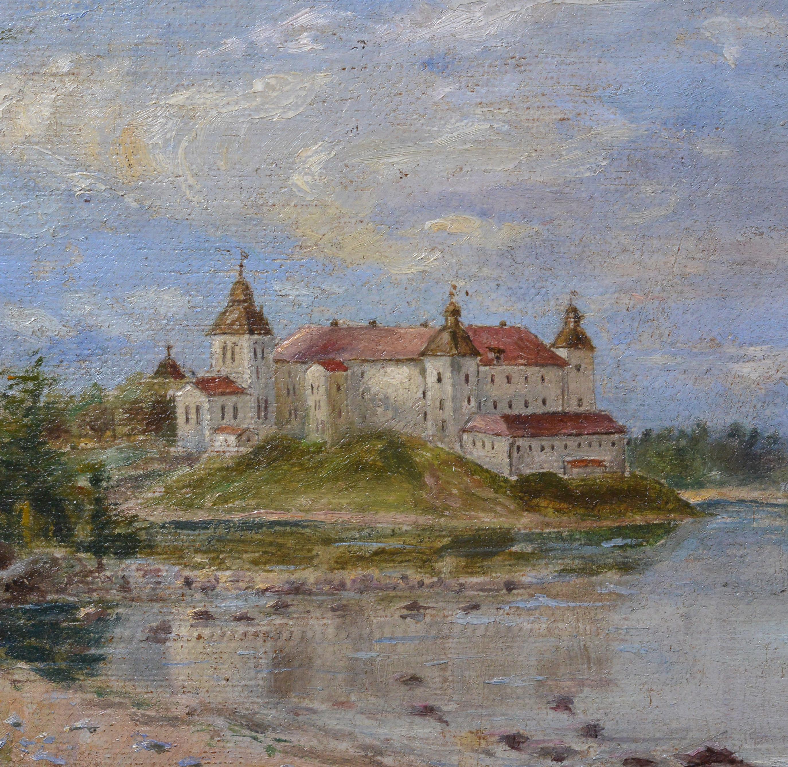 19. Jahrhundert Antike Ölgemälde Schloss auf Hügel See Bootsfiguren Vergoldeter Rahmen (Realismus), Painting, von Unknown