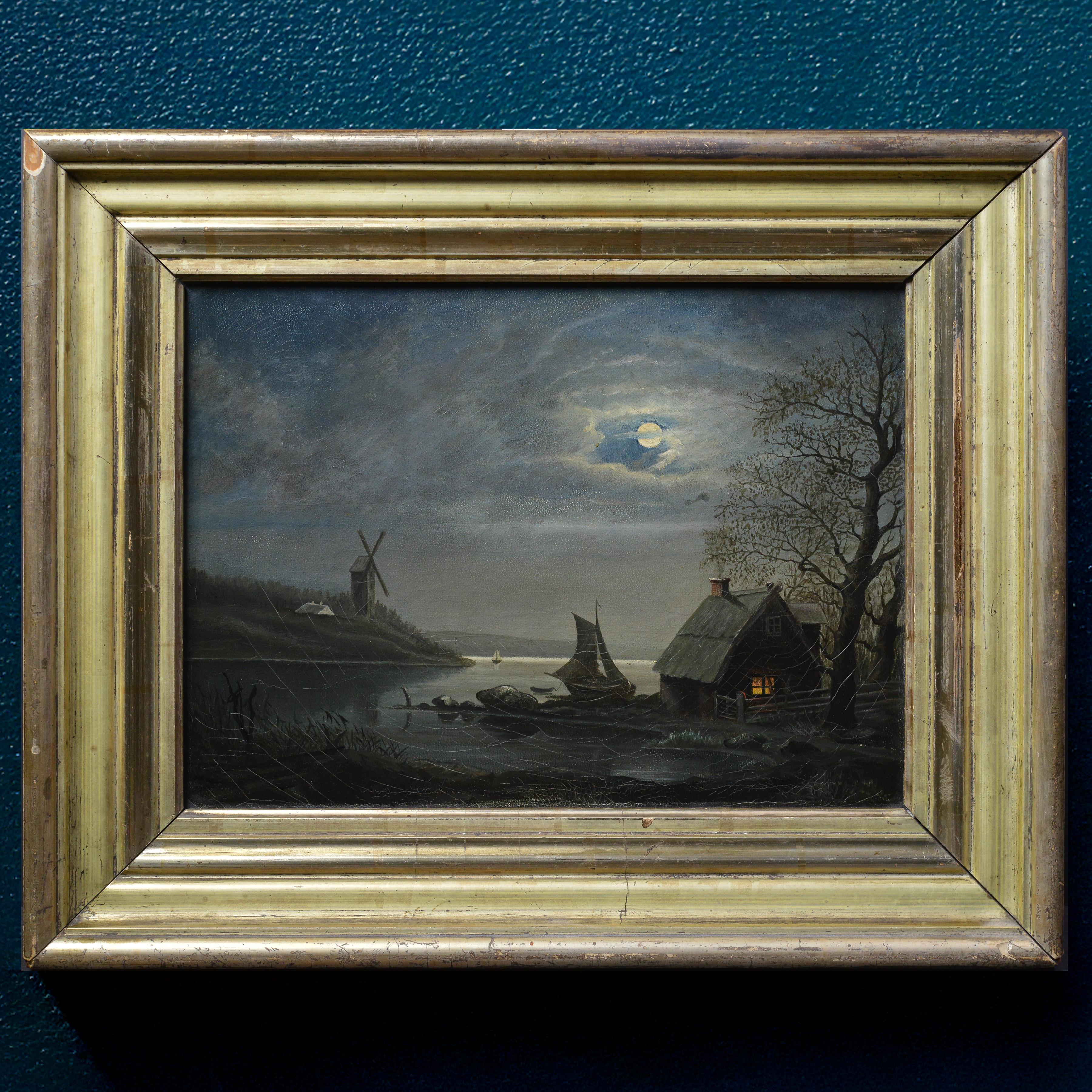 Antico Scandinavo del XIX secolo Paesaggio notturno al chiaro di luna Capanna di pescatori Mulino a vento - Painting di Unknown