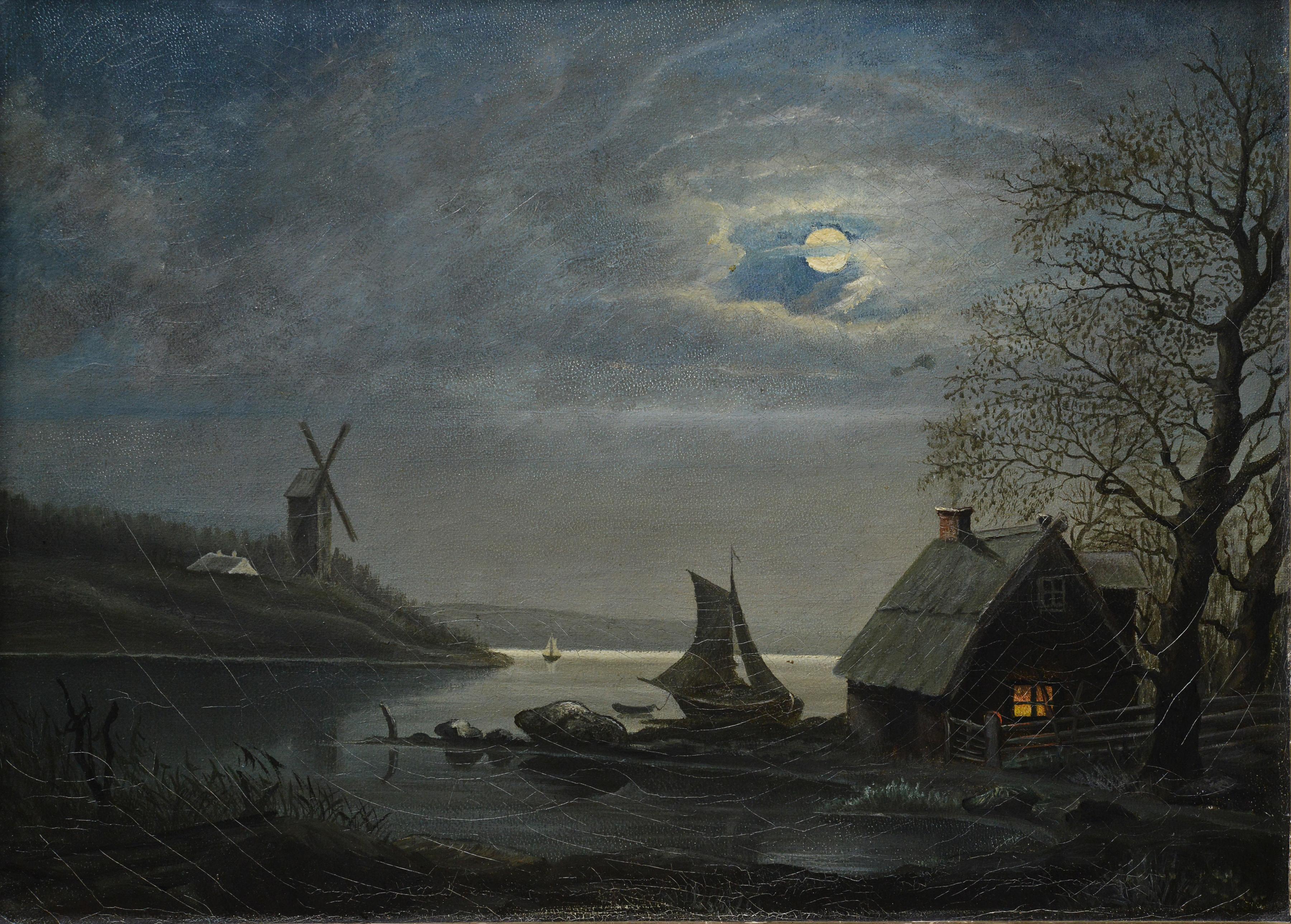 Antico Scandinavo del XIX secolo Paesaggio notturno al chiaro di luna Capanna di pescatori Mulino a vento - Painting Realismo di Unknown