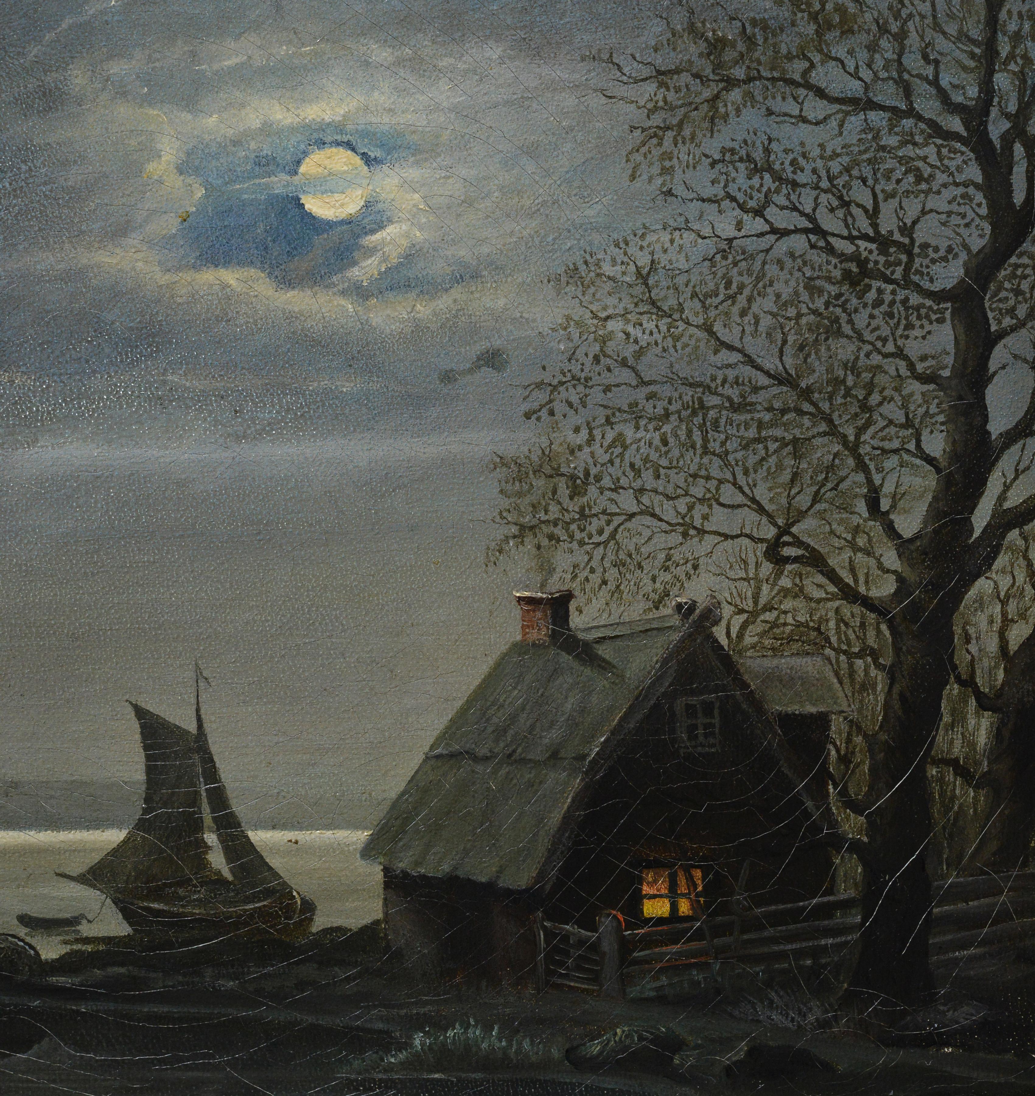 Antico Scandinavo del XIX secolo Paesaggio notturno al chiaro di luna Capanna di pescatori Mulino a vento - Landscape Painting Marrone di Unknown