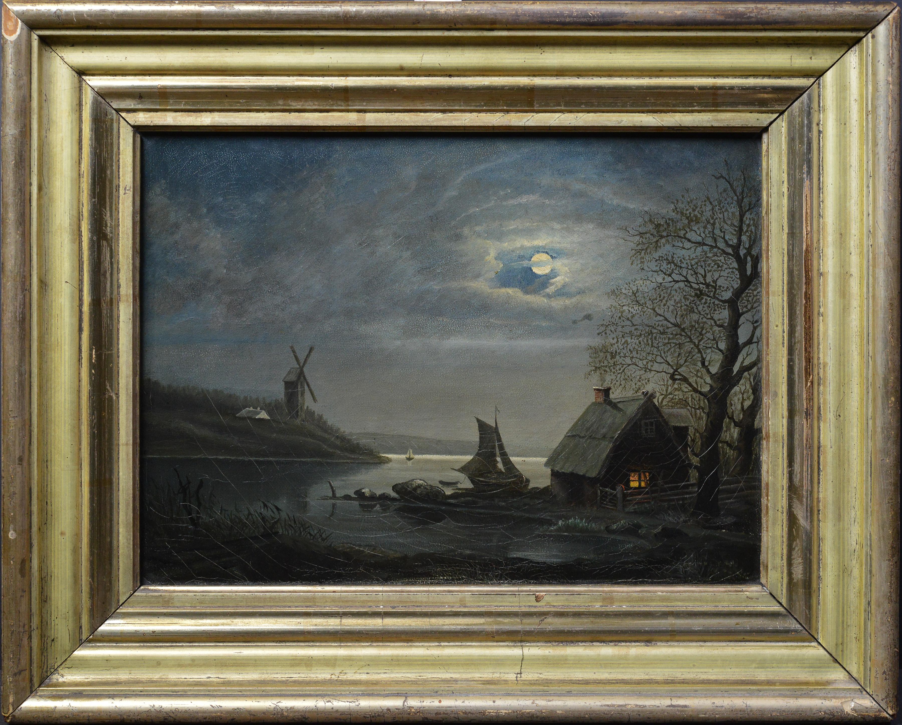 Landscape Painting di Unknown - Antico Scandinavo del XIX secolo Paesaggio notturno al chiaro di luna Capanna di pescatori Mulino a vento