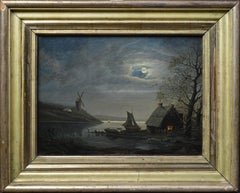 Antico Scandinavo del XIX secolo Paesaggio notturno al chiaro di luna Capanna di pescatori Mulino a vento