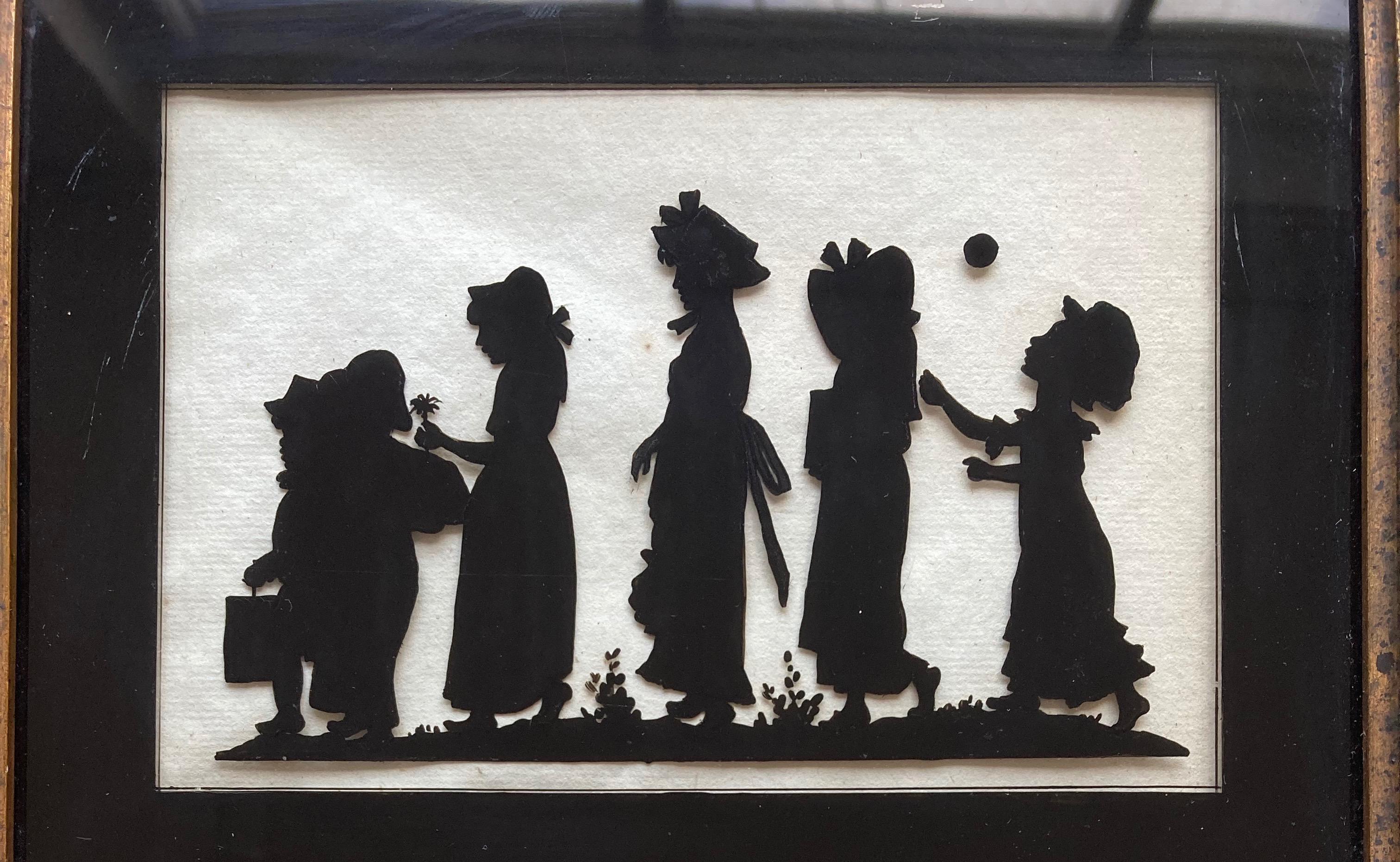 19th Century Antique silhouette of children, reverse painted on glass - Victorian Art by Unknown