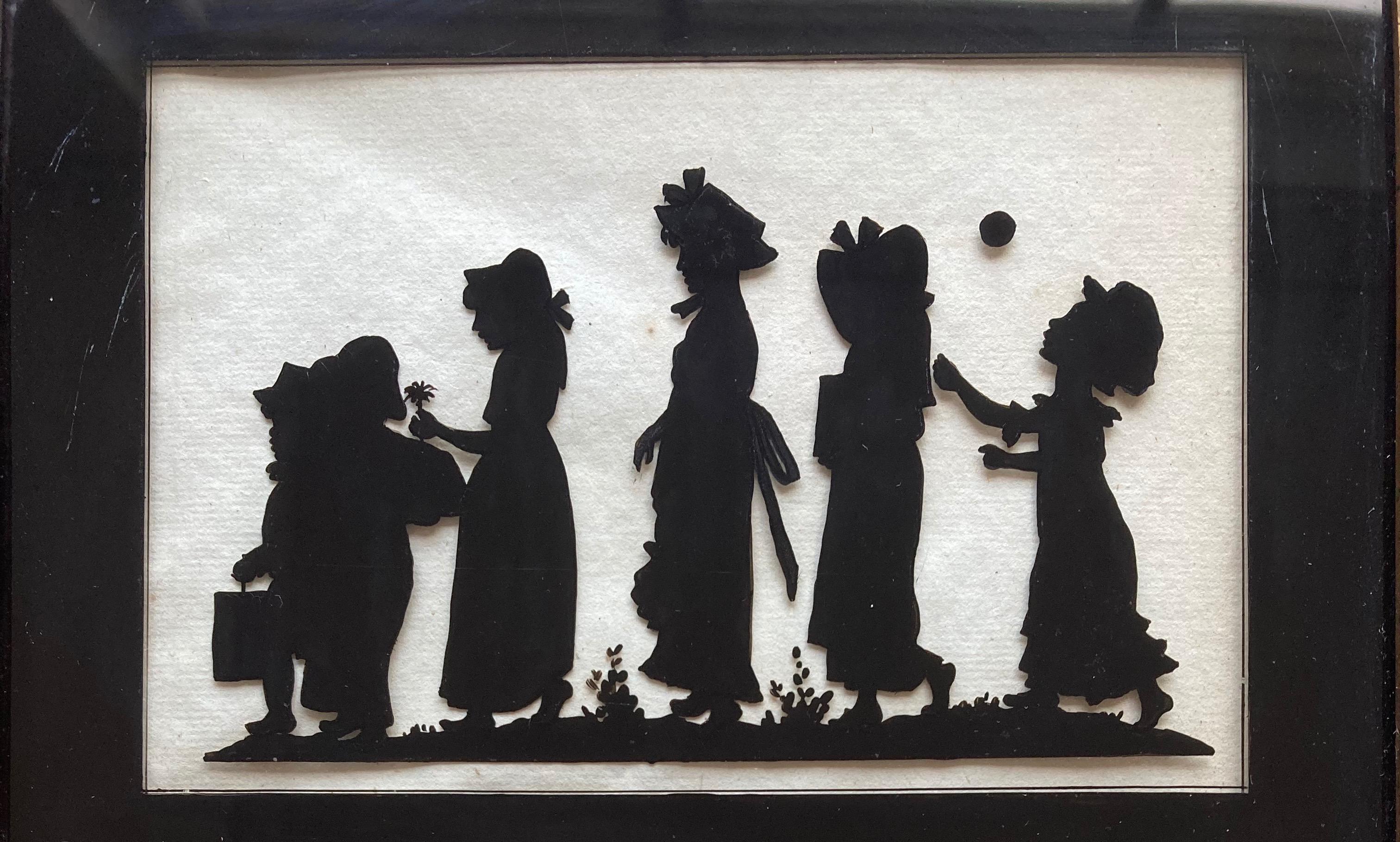 19th Century Antique silhouette of children, reverse painted on glass - Black Portrait by Unknown