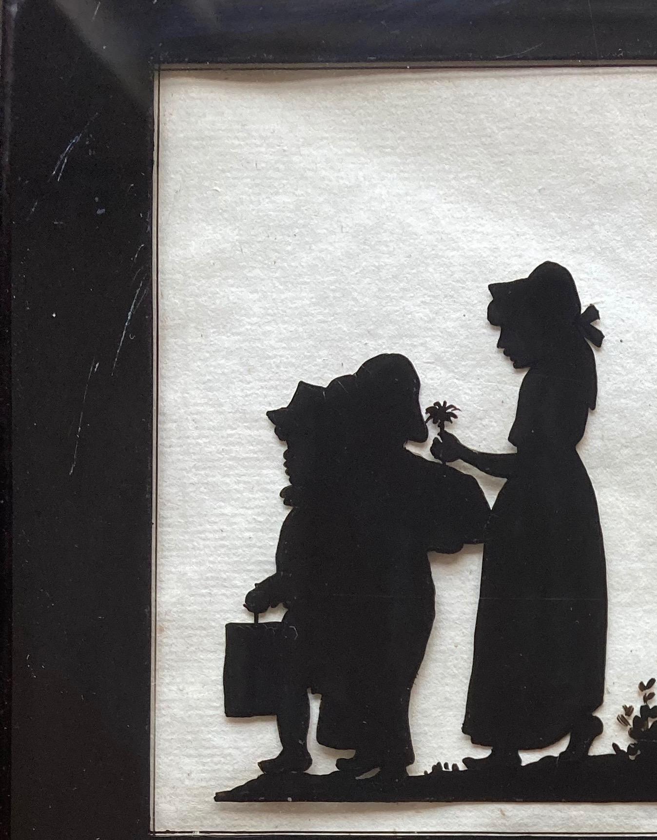 A charming silhouette of a group of children ambling along. So much character is expressed through the minimal monochrome depiction.

English or American School, 19th Century
A silhouette of children ambling along, perhaps to school
Reverse painted