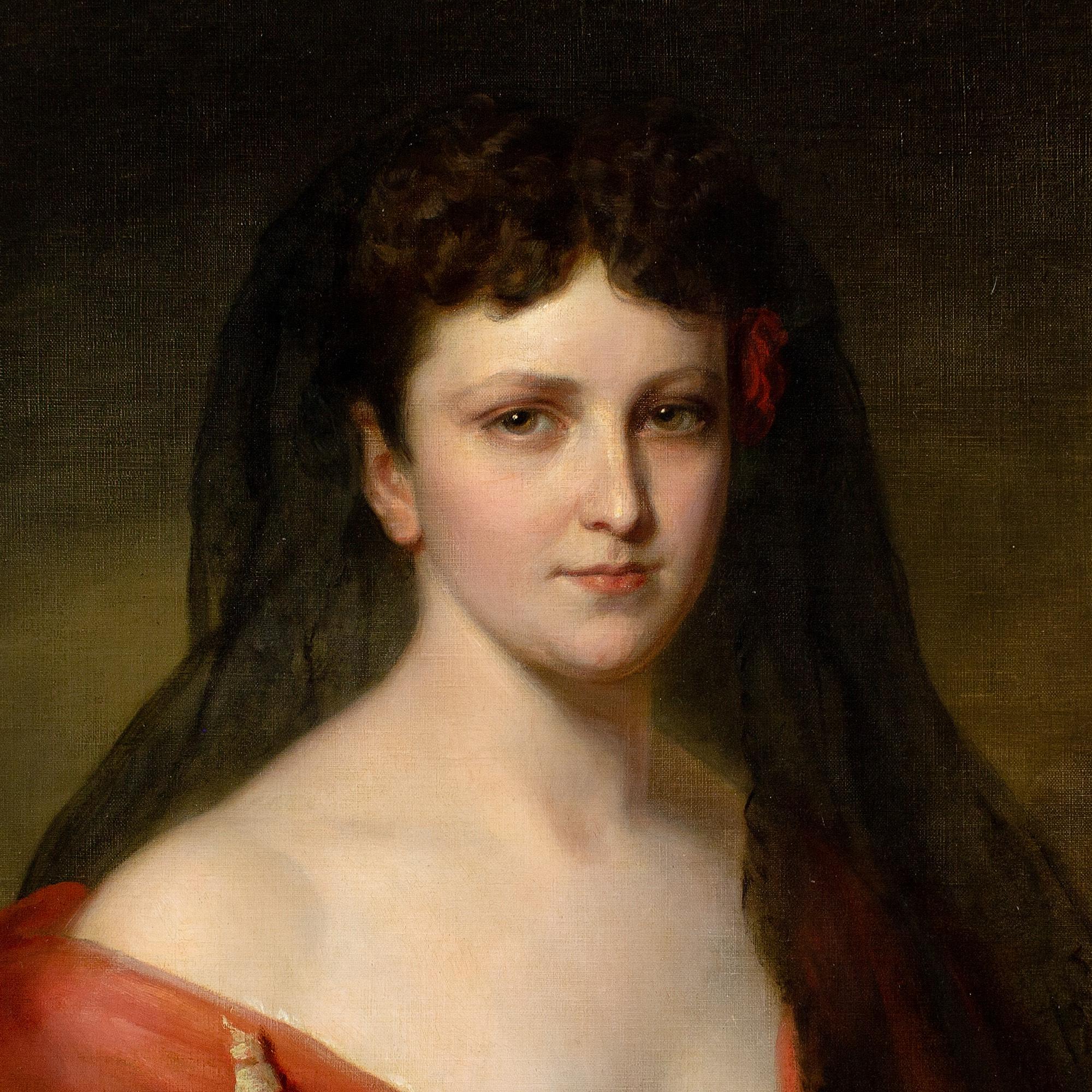 Dieses exquisite österreichische Brustbild aus der Mitte des 19. Jahrhunderts zeigt eine junge Dame, die ein rotes Kleid zusammen mit einem schwarzen Spitzenschleier, ähnlich einer Mantille, und einer roten Rose trägt. Es befand sich früher in der