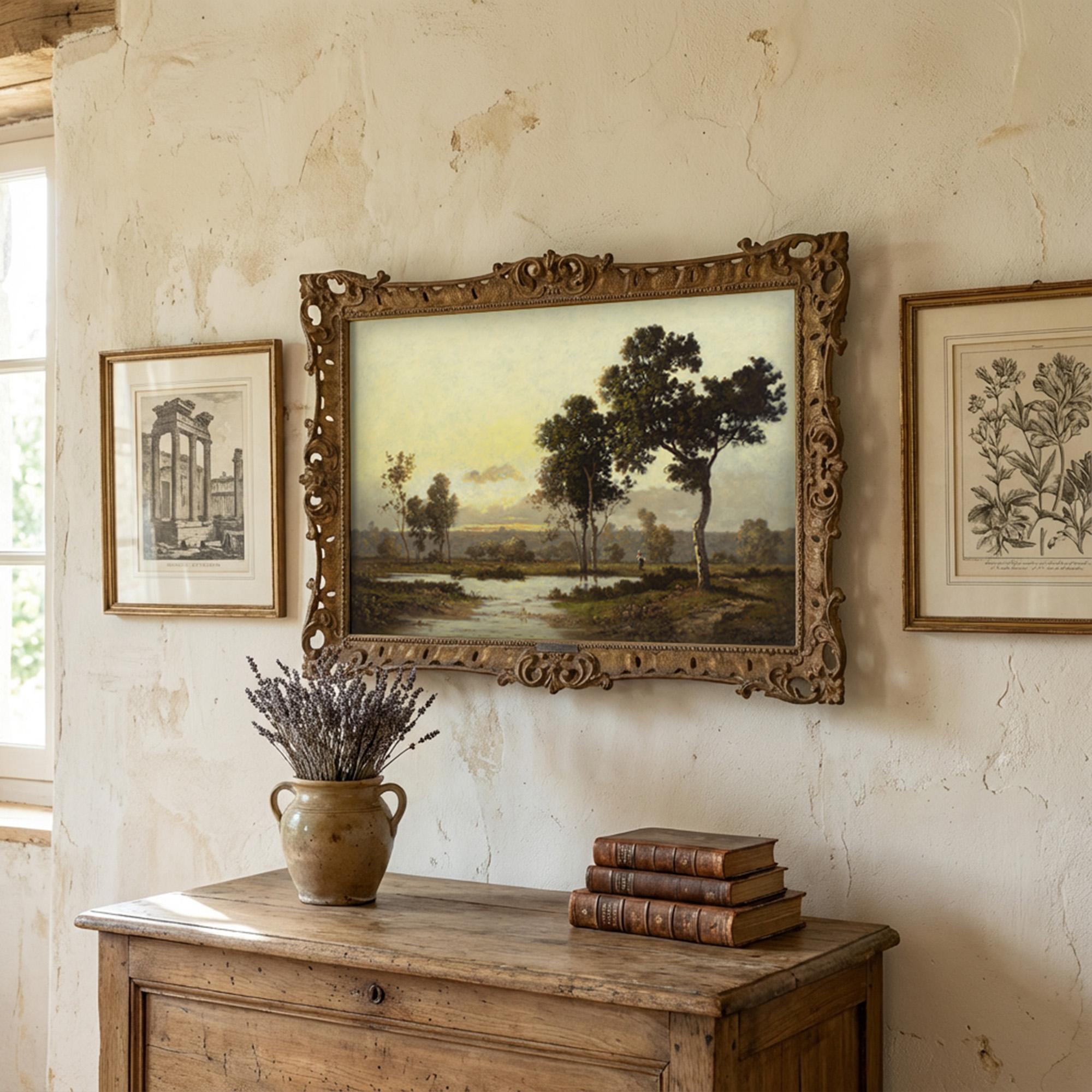 19th-Century Barbizon Painting, River Landscape, Fontainebleau - Marron Landscape Painting par Unknown