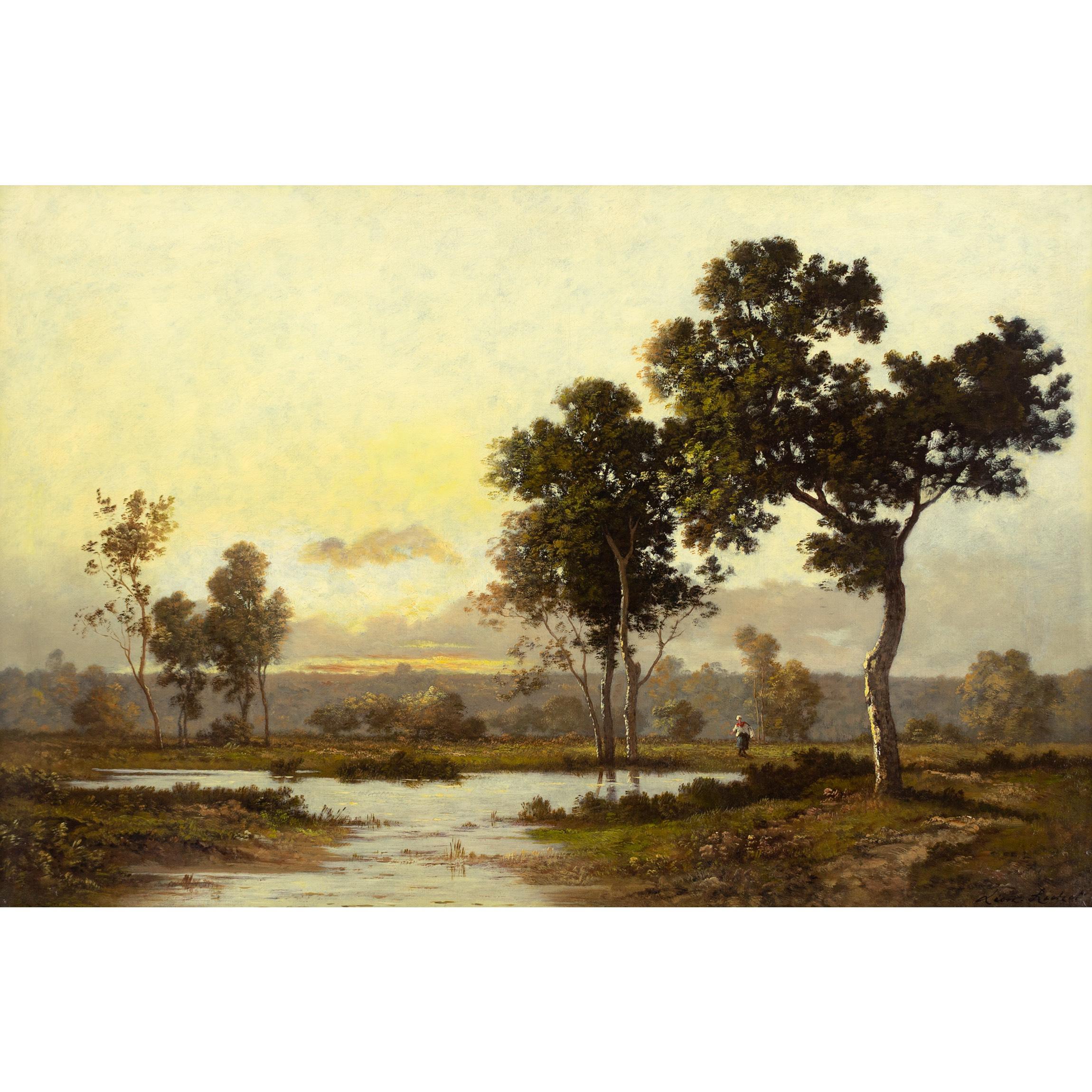 Cette huile sur toile de Léon Richet (1843-1907), datant de la fin du XIXe siècle, représente une étendue d'eau paisible dans la forêt de Fontainebleau, un lieu que l'artiste connaissait intimement. Elle appartient à la phase de maturité de sa