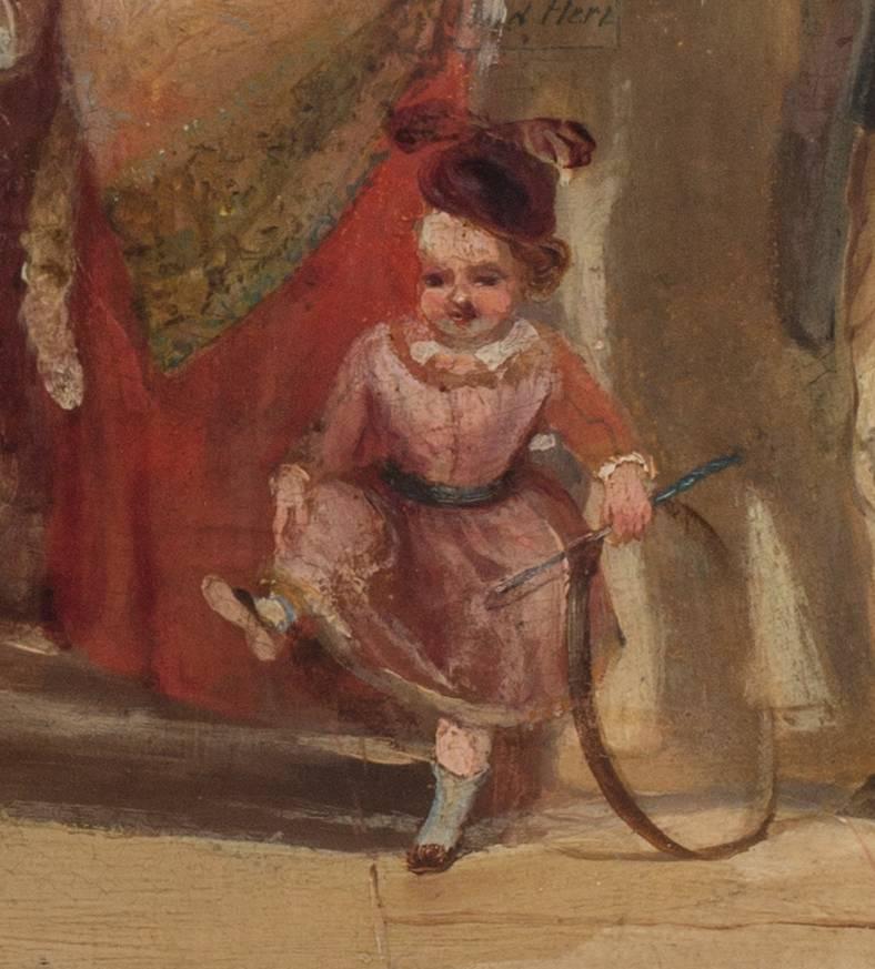 19th Century British oil painting of townsfolk bustling in a marketplace - Painting by Unknown