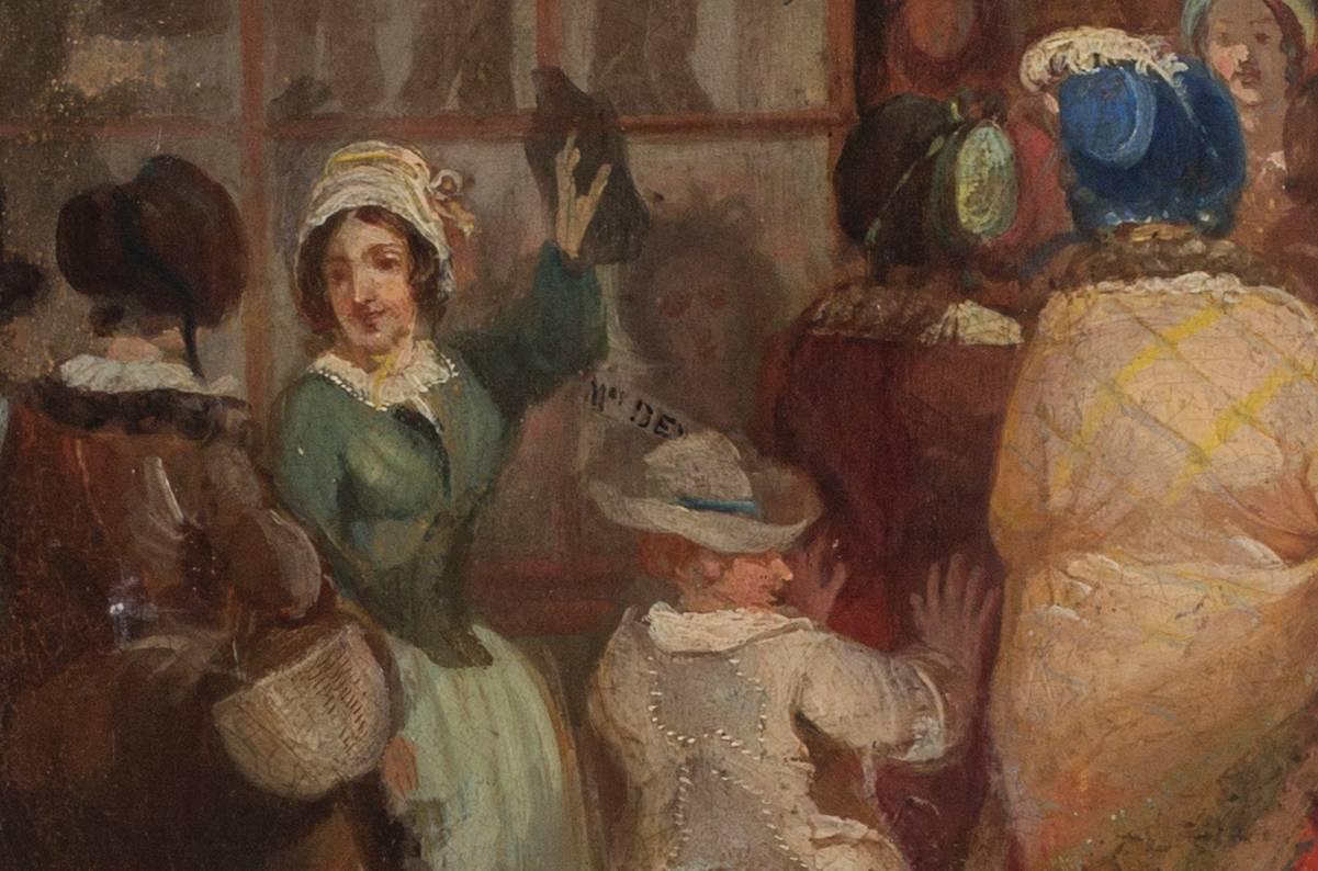 19th Century British oil painting of townsfolk bustling in a marketplace - Brown Figurative Painting by Unknown