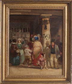 19th Century British oil painting of townsfolk bustling in a marketplace