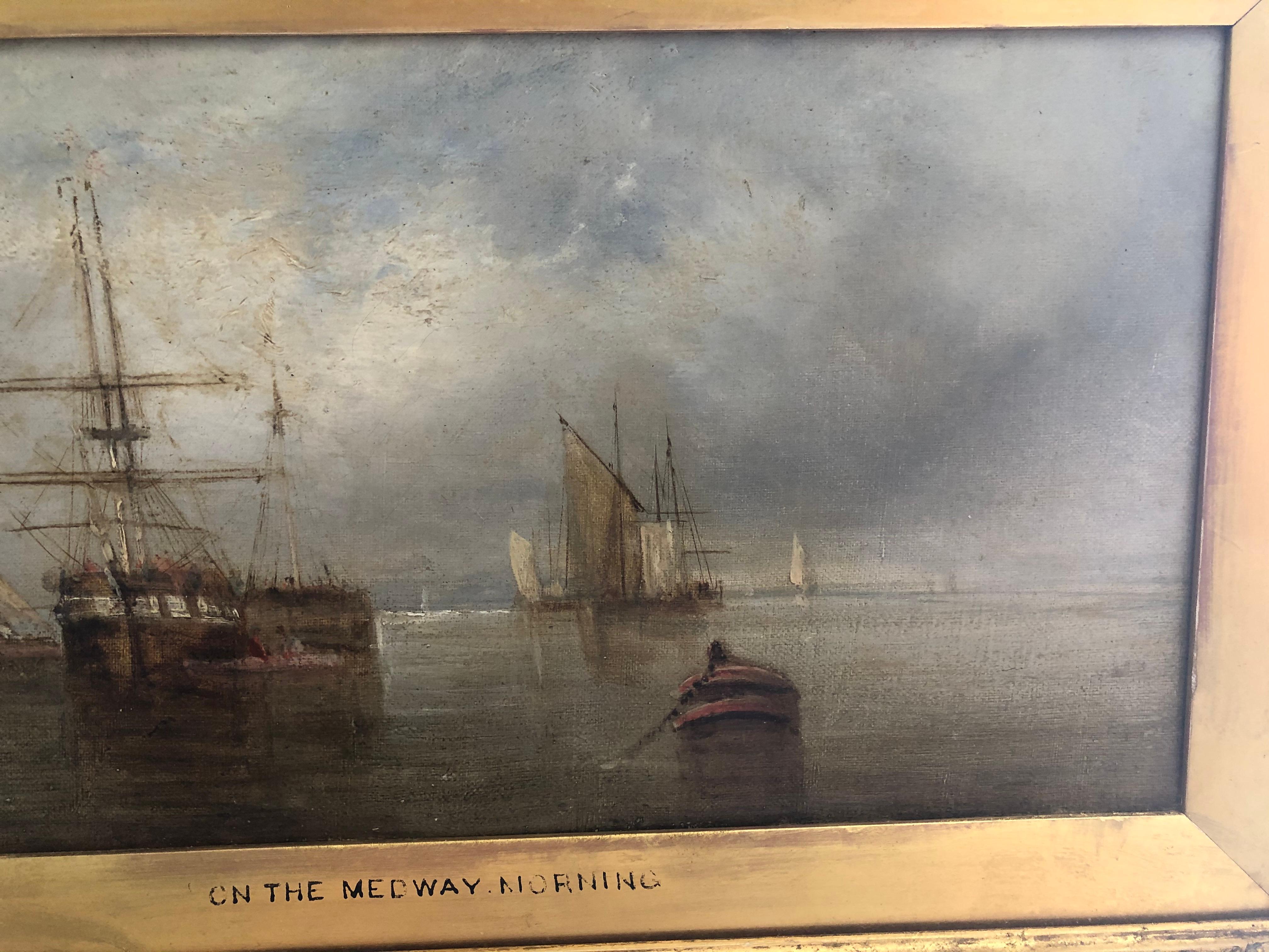 Meisterhaft ausgeführtes britisches Öl auf Leinwand aus dem 19. Jahrhundert. Dieses fabelhafte Stück stellt eine mögliche Schlachtszene bei Medway dar, in der die Niederländer um 1600 einen großen Sieg über die britische Marine errangen. Es scheint