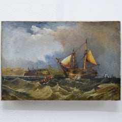 19th Century British Romantic Marine Oil Painting Sailing Ship Arrival Signed