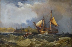19th Century British Romantic Marine Oil Painting Sailing Ship Arrival Signed