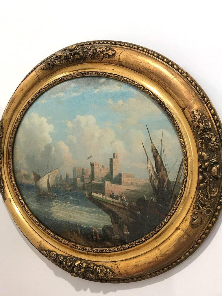 Pair of Ovals 19th Century Continental School Landscape and Seascape Paintings For Sale 9