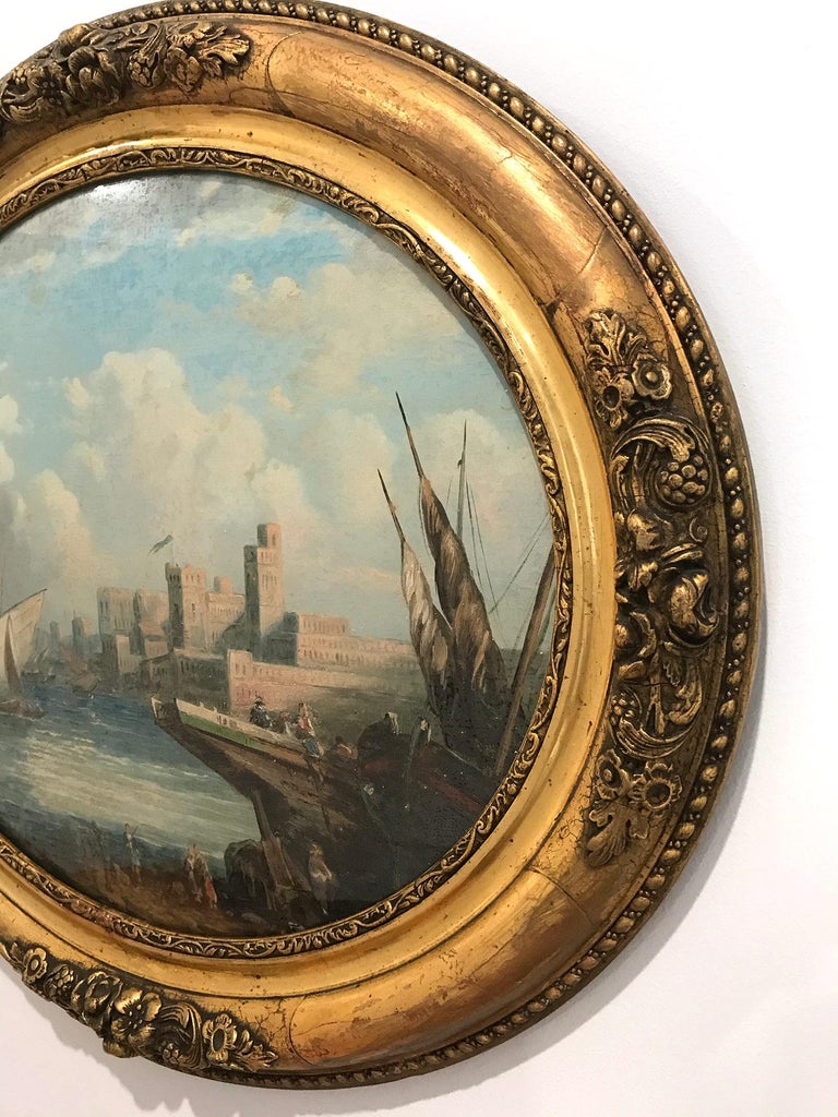 Pair of Ovals 19th Century Continental School Landscape and Seascape Paintings For Sale 8