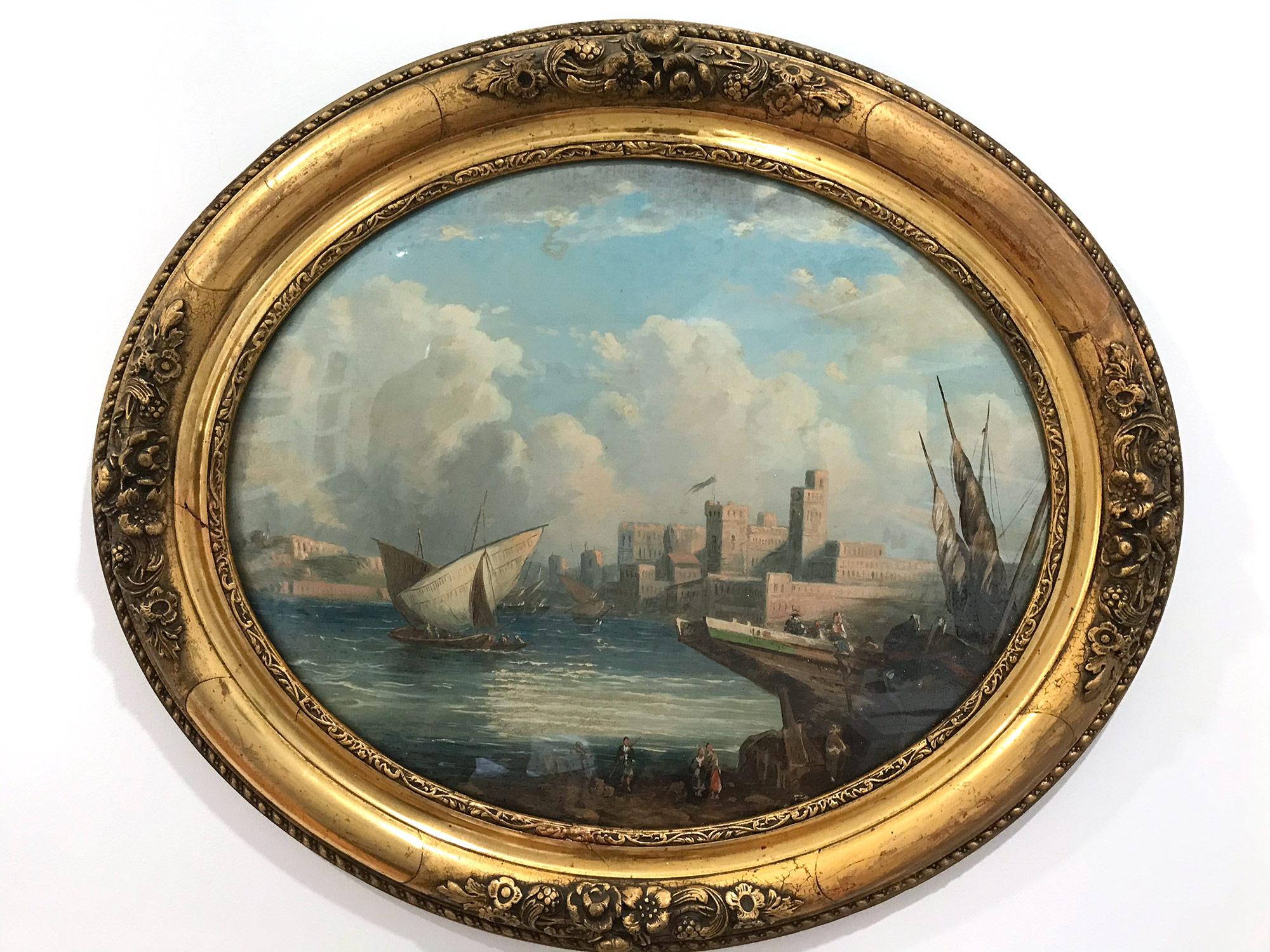 Paire de peintures de paysages et de paysages marins ovales de l'école continentale du 19ème siècle - Rococo Painting par Unknown