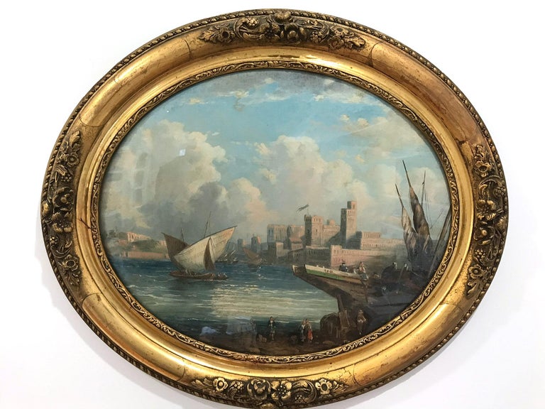 Pair of Ovals 19th Century Continental School Landscape and Seascape Paintings For Sale 2