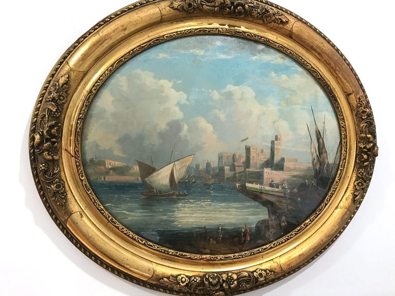 Pair of Ovals 19th Century Continental School Landscape and Seascape Paintings For Sale 3