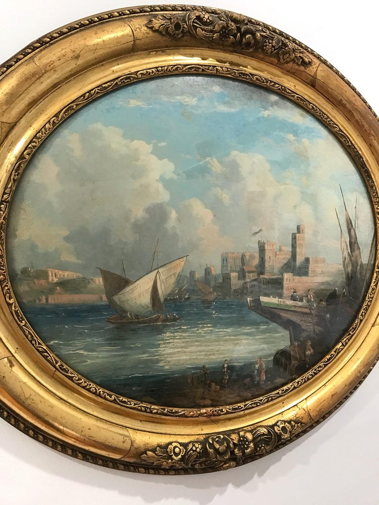 Pair of Ovals 19th Century Continental School Landscape and Seascape Paintings For Sale 4