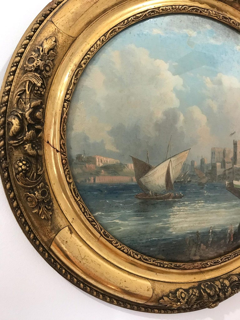 Pair of Ovals 19th Century Continental School Landscape and Seascape Paintings For Sale 5