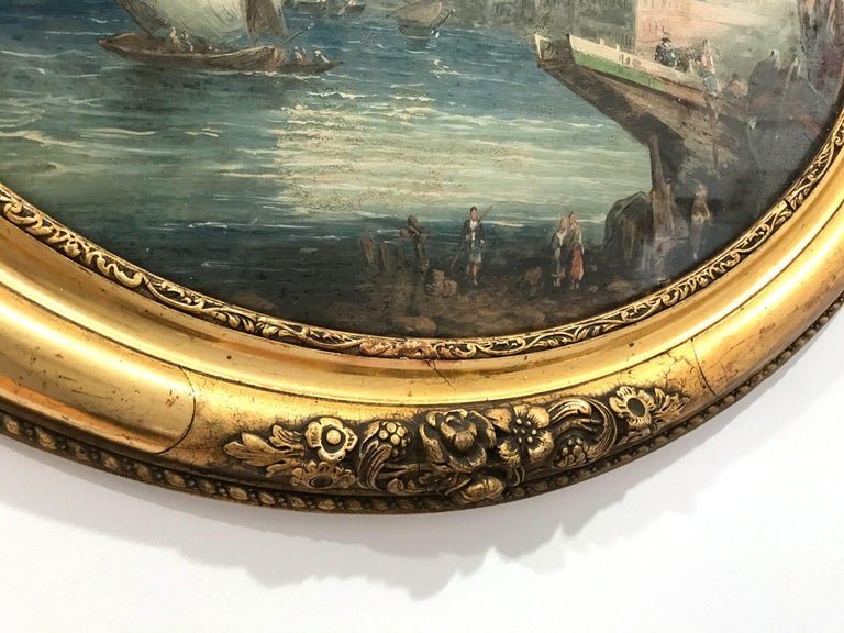 Pair of Ovals 19th Century Continental School Landscape and Seascape Paintings For Sale 6